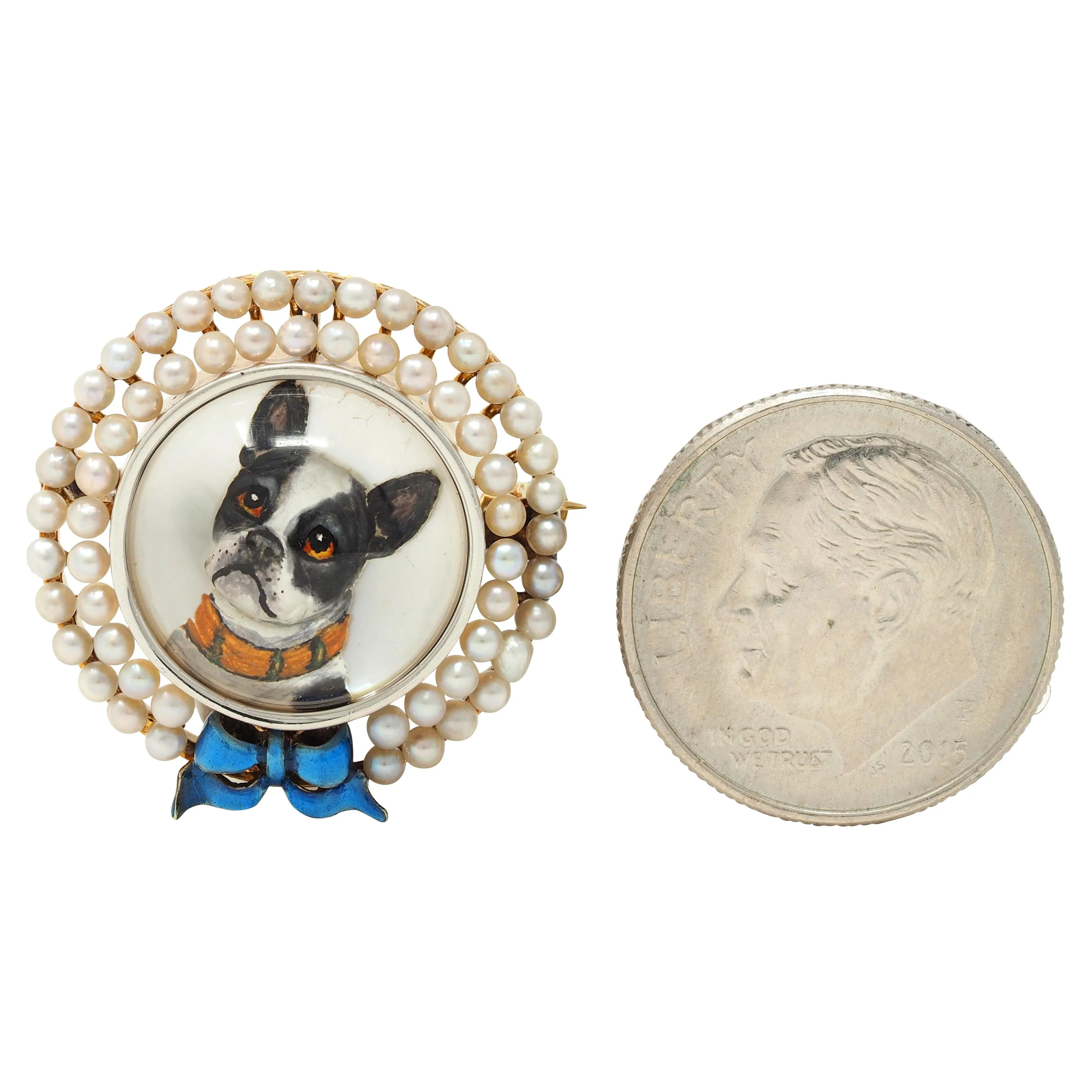 Edwardian Essex Crystal Pearl Enamel Platinum 14 Karat Gold Antique French Bulldog Bow Dog Brooch - Image 5