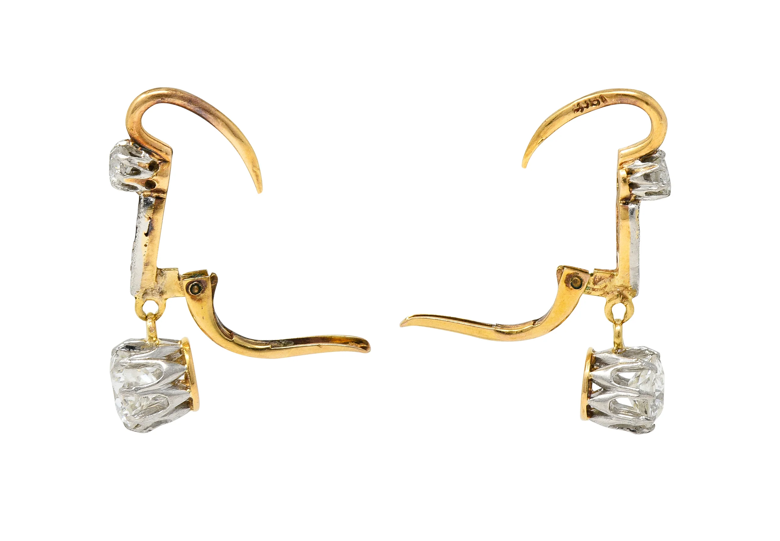 Edwardian European Cut Diamond Platinum Top 18 Karat Gold Antique Drop Earrings - Image 5