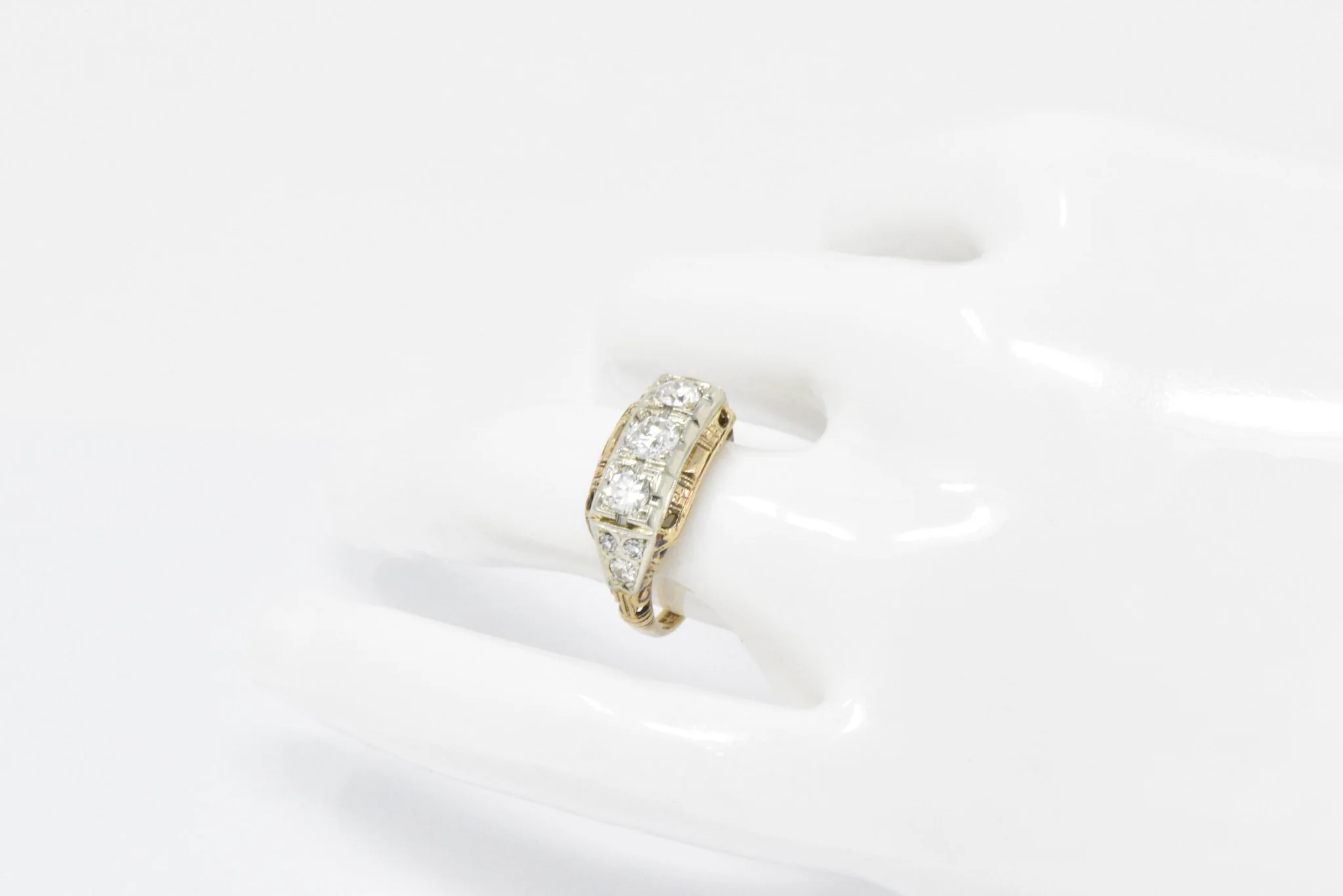 Edwardian European Cut Diamond Rose & Yellow Gold Diamond Three Stone Ring - Image 3