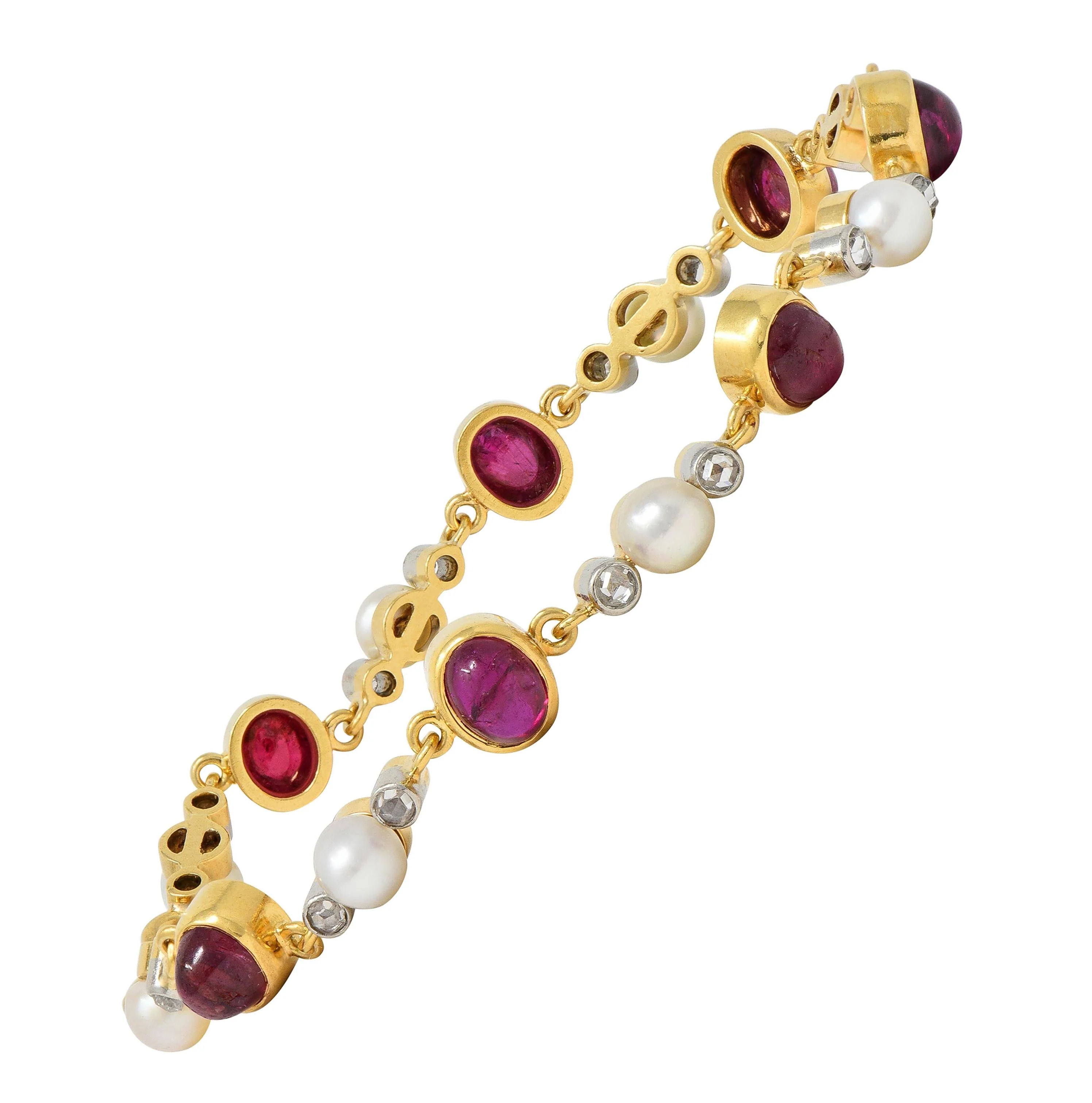 Edwardian French 5.90 CTW Ruby Diamond Pearl Platinum 18 Karat Yellow Gold Antique Line Bracelet