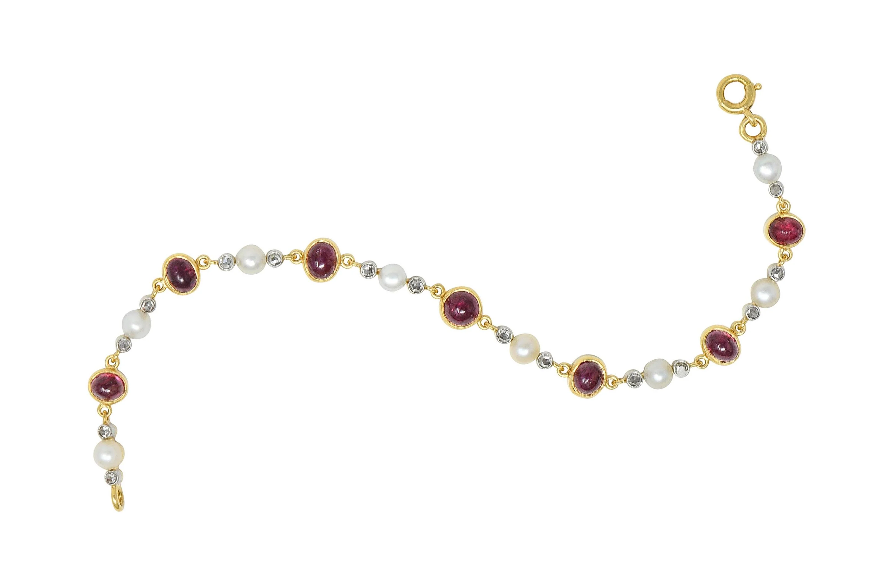 Edwardian French 5.90 CTW Ruby Diamond Pearl Platinum 18 Karat Yellow Gold Antique Line Bracelet - Image 10