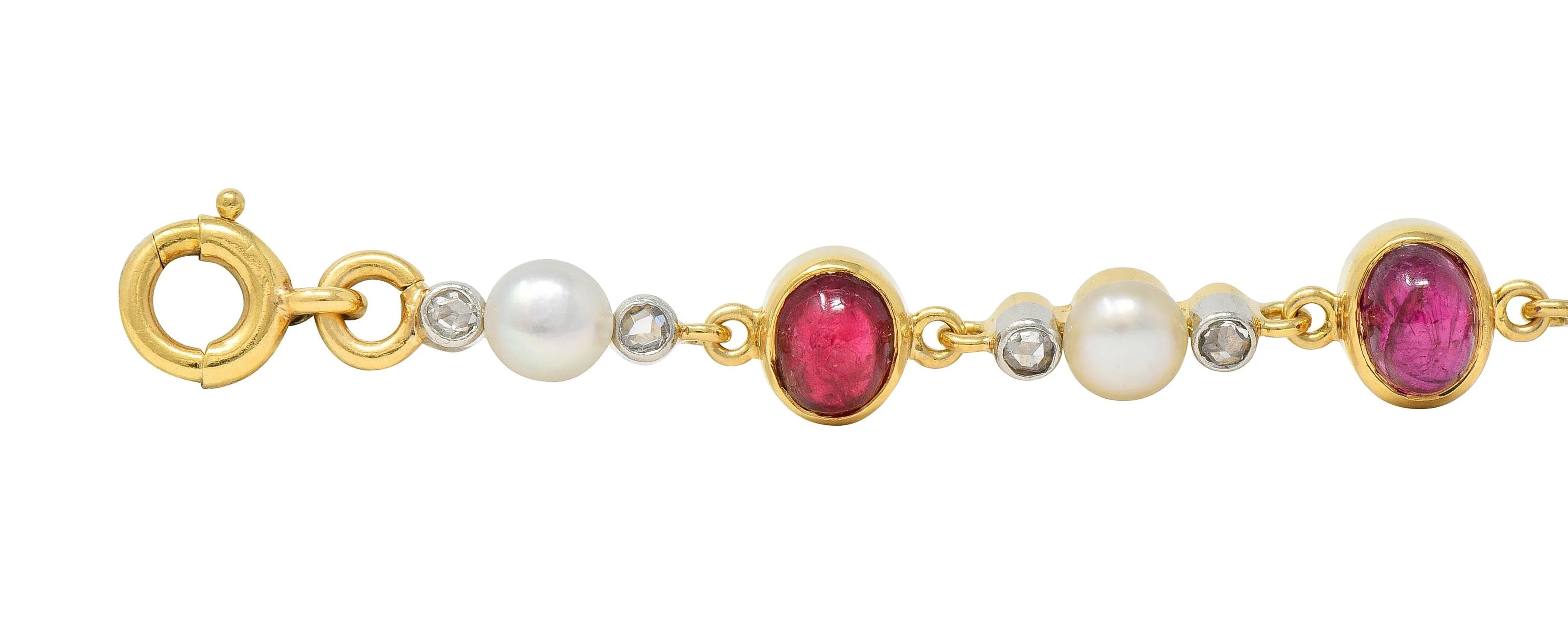 Edwardian French 5.90 CTW Ruby Diamond Pearl Platinum 18 Karat Yellow Gold Antique Line Bracelet - Image 3