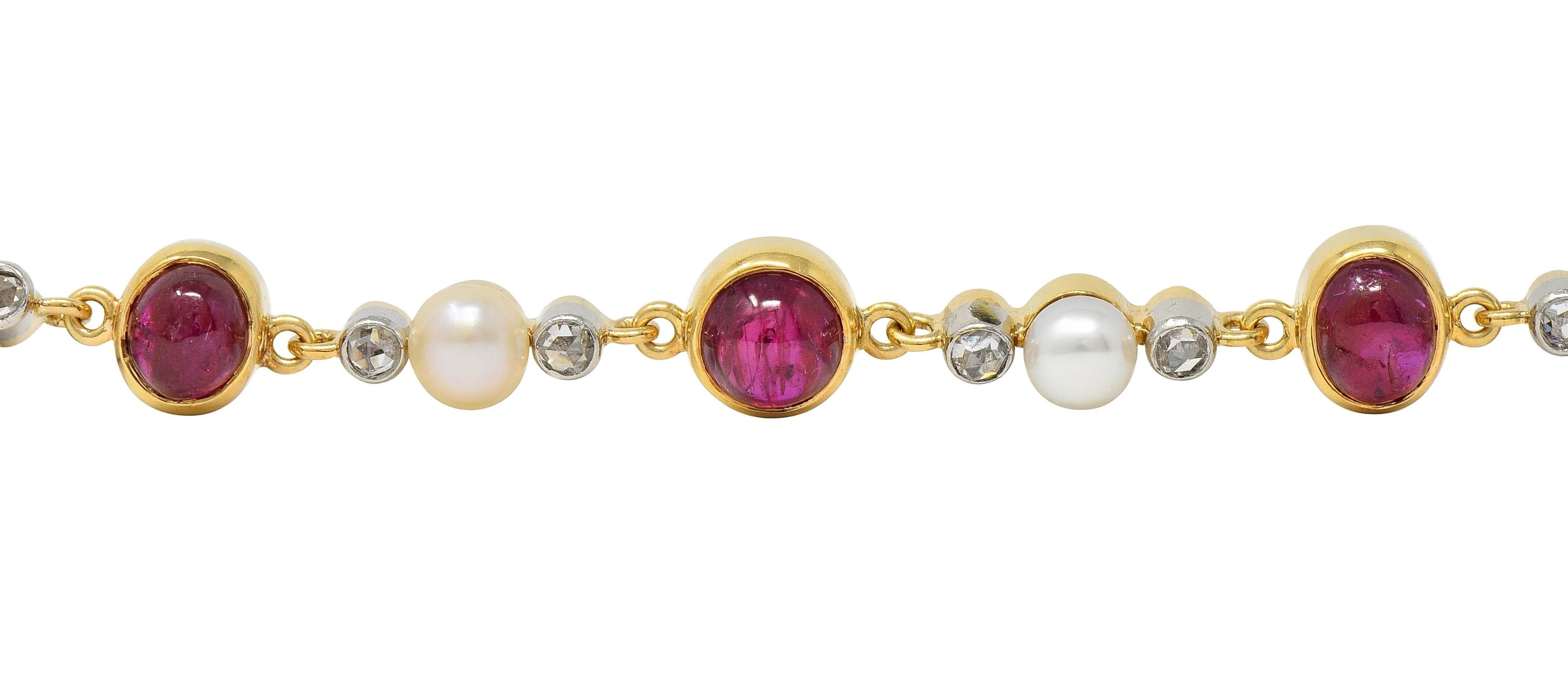 Edwardian French 5.90 CTW Ruby Diamond Pearl Platinum 18 Karat Yellow Gold Antique Line Bracelet - Image 4