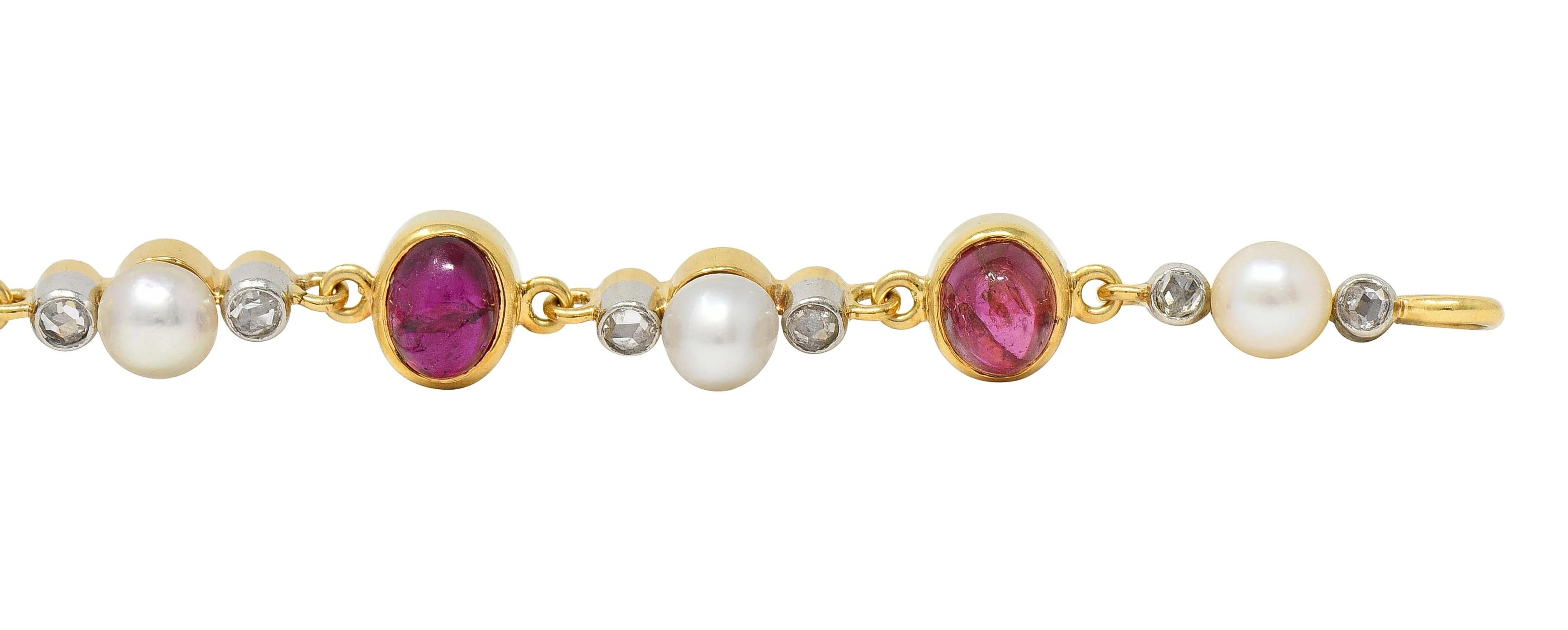 Edwardian French 5.90 CTW Ruby Diamond Pearl Platinum 18 Karat Yellow Gold Antique Line Bracelet - Image 5