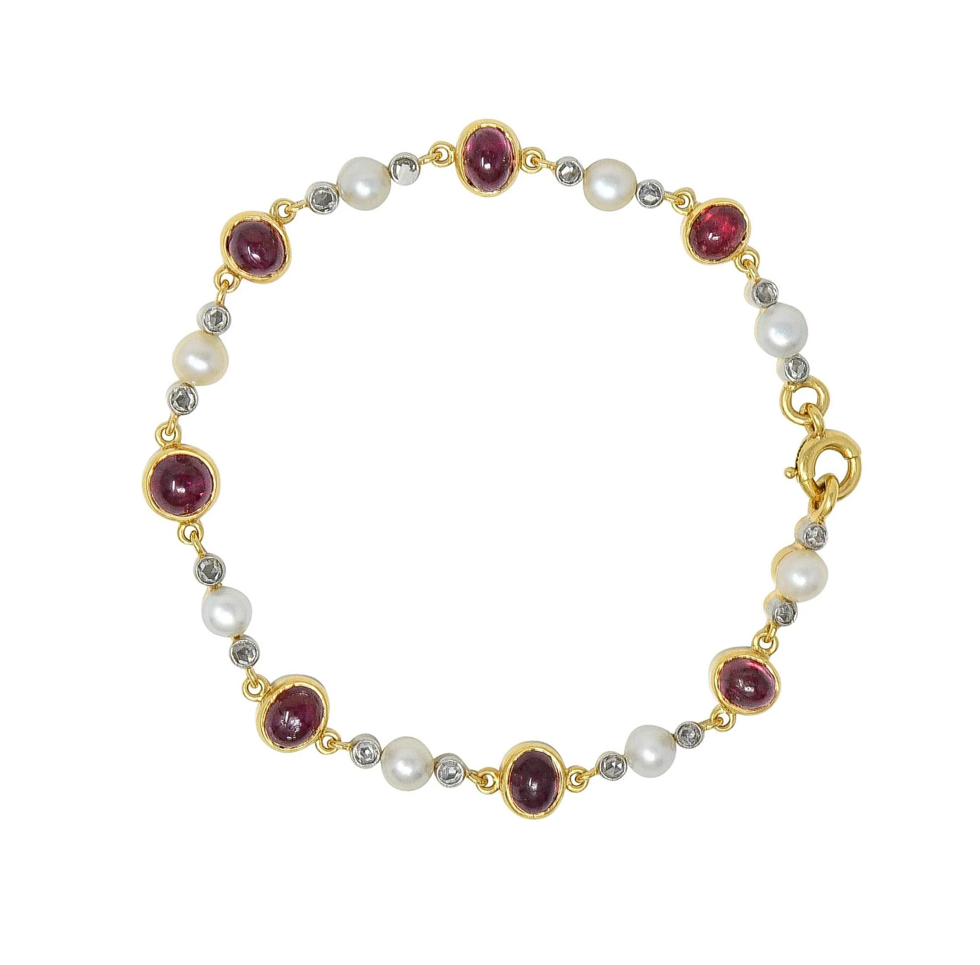Edwardian French 5.90 CTW Ruby Diamond Pearl Platinum 18 Karat Yellow Gold Antique Line Bracelet - Image 6