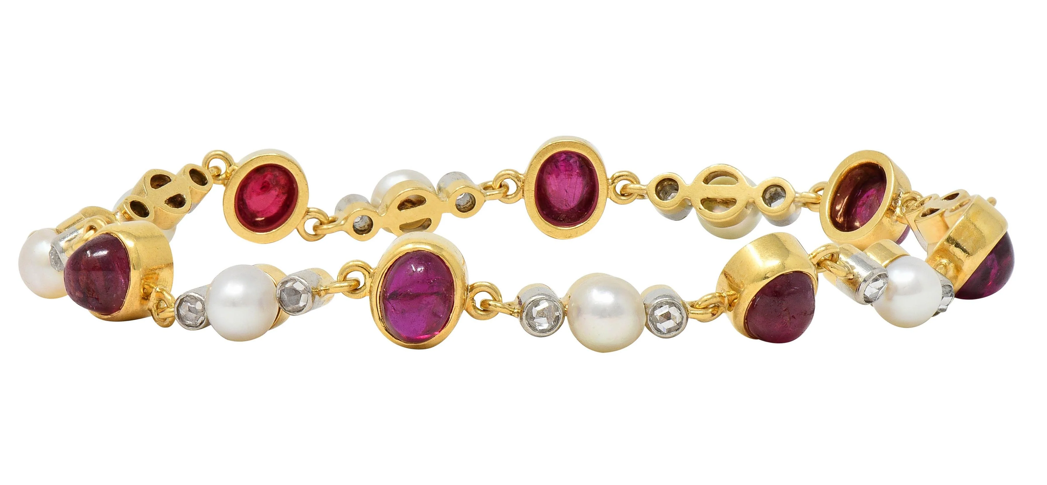 Edwardian French 5.90 CTW Ruby Diamond Pearl Platinum 18 Karat Yellow Gold Antique Line Bracelet - Image 7