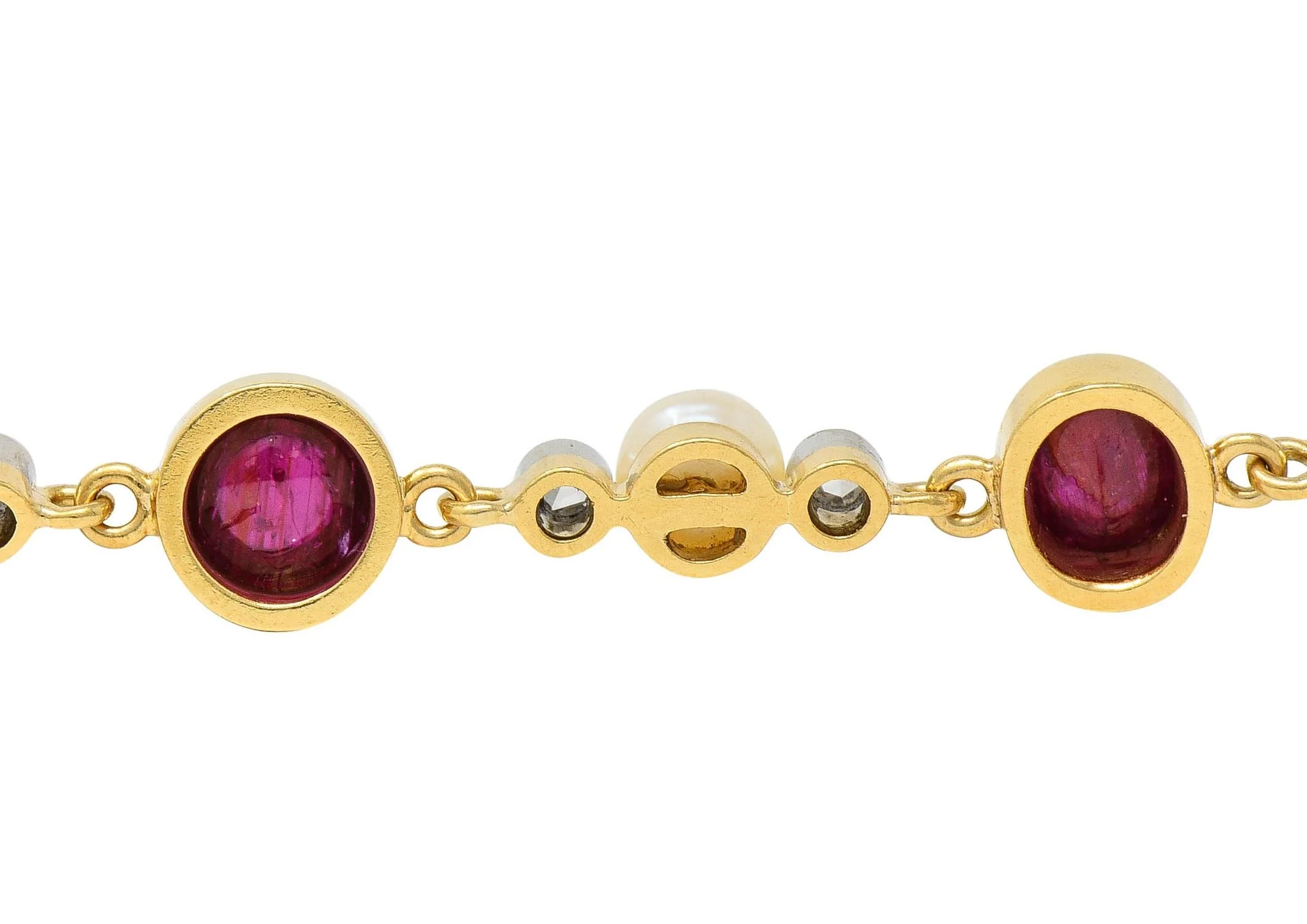 Edwardian French 5.90 CTW Ruby Diamond Pearl Platinum 18 Karat Yellow Gold Antique Line Bracelet - Image 8