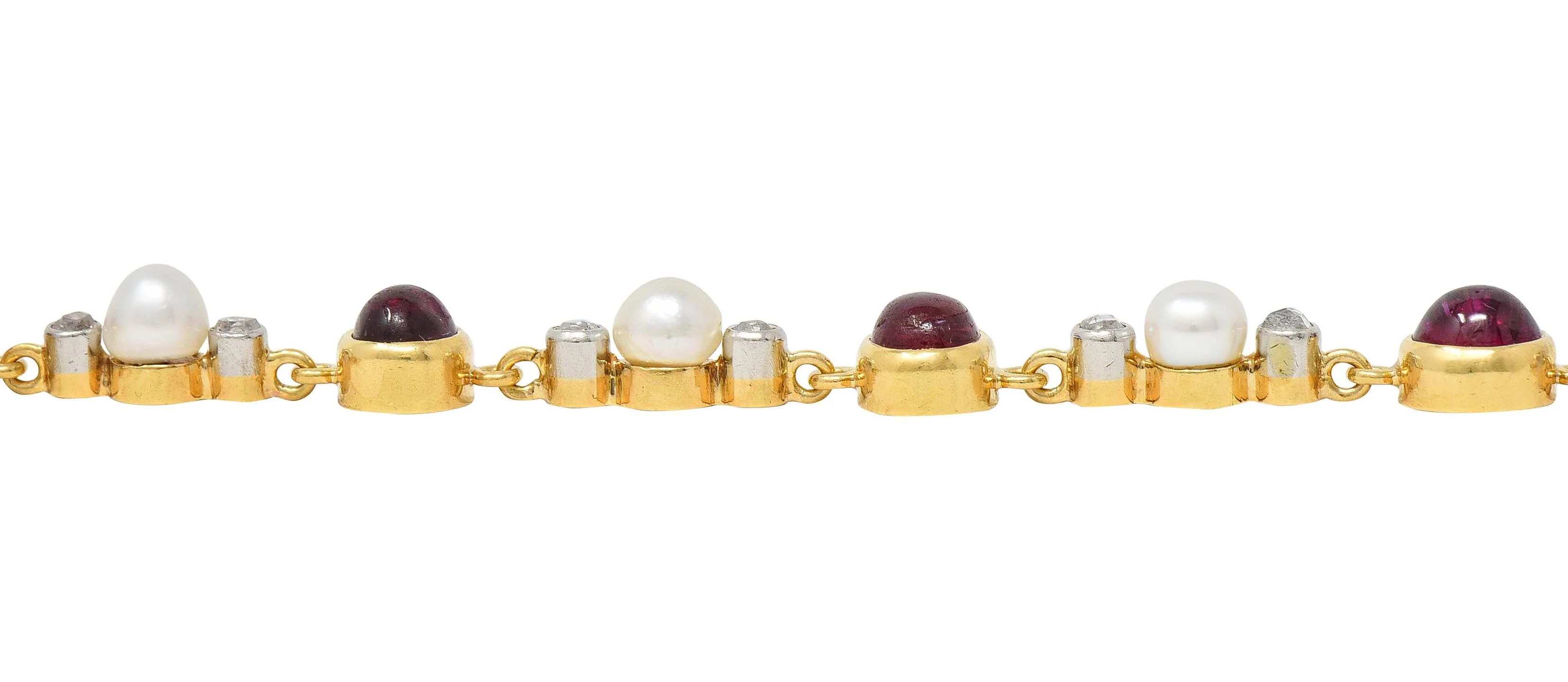 Edwardian French 5.90 CTW Ruby Diamond Pearl Platinum 18 Karat Yellow Gold Antique Line Bracelet - Image 9