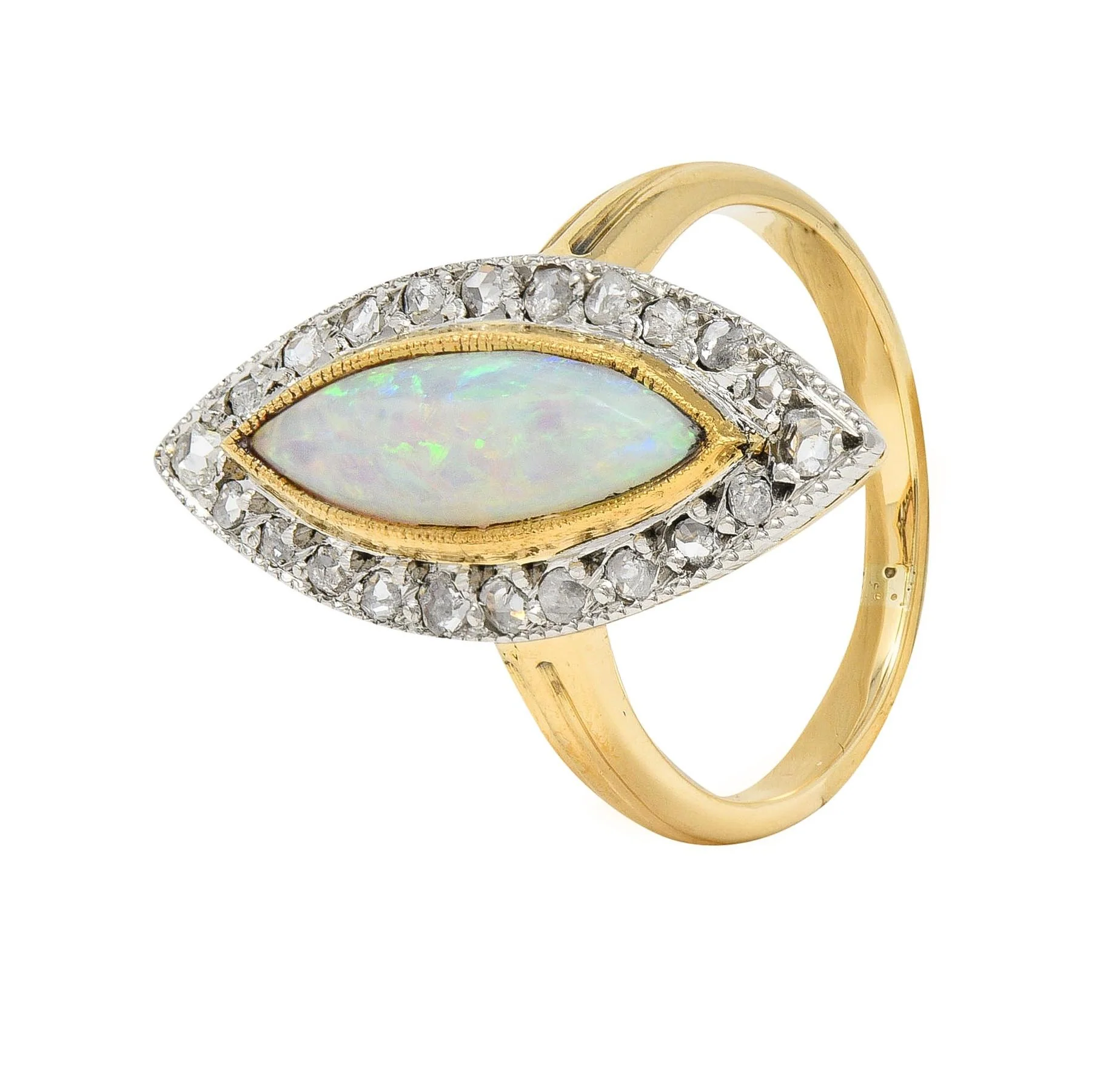 Edwardian French Opal Diamond Platinum 18 Karat Yellow Gold Antique Navette Ring - Image 10