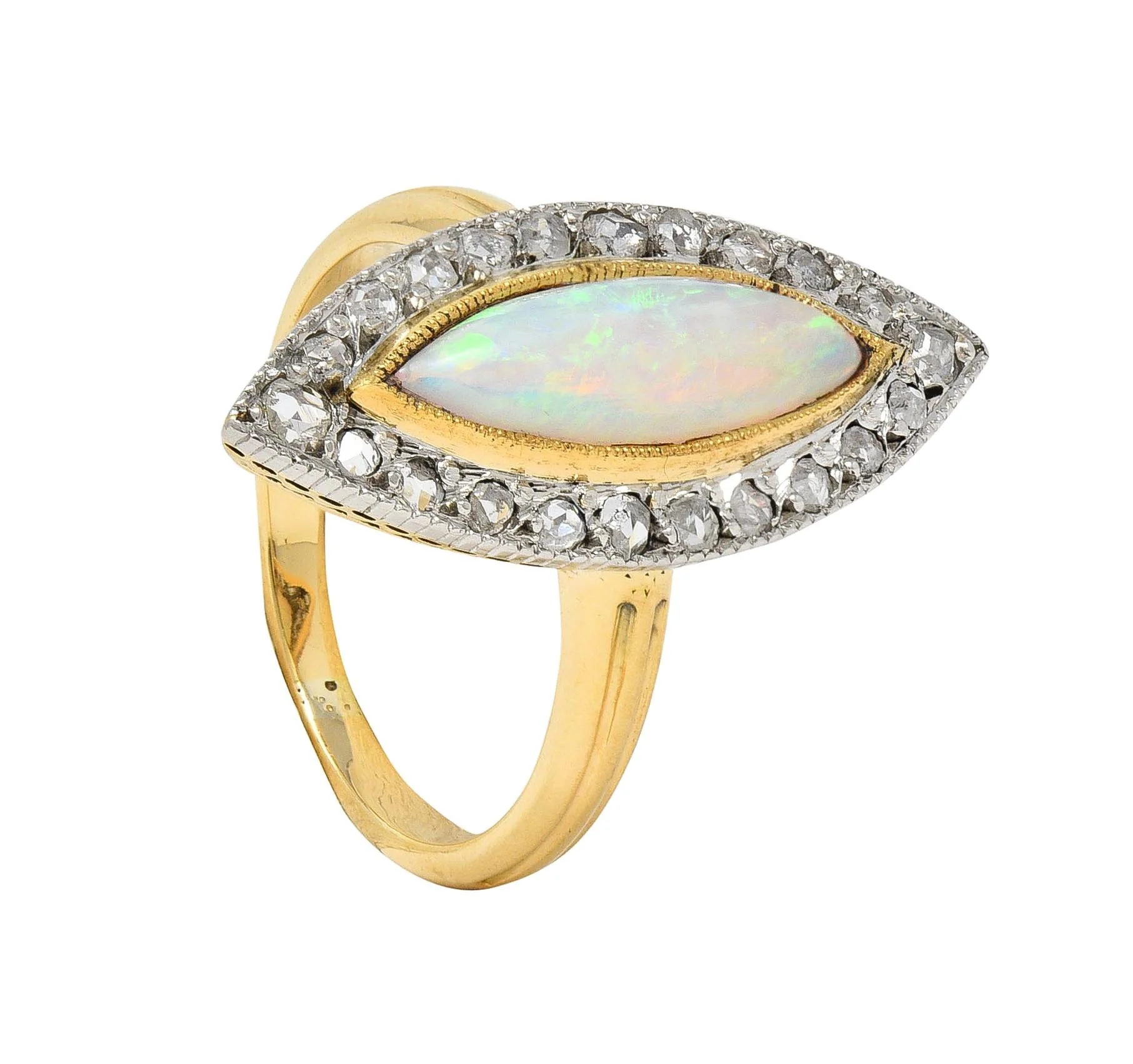 Edwardian French Opal Diamond Platinum 18 Karat Yellow Gold Antique Navette Ring - Image 13