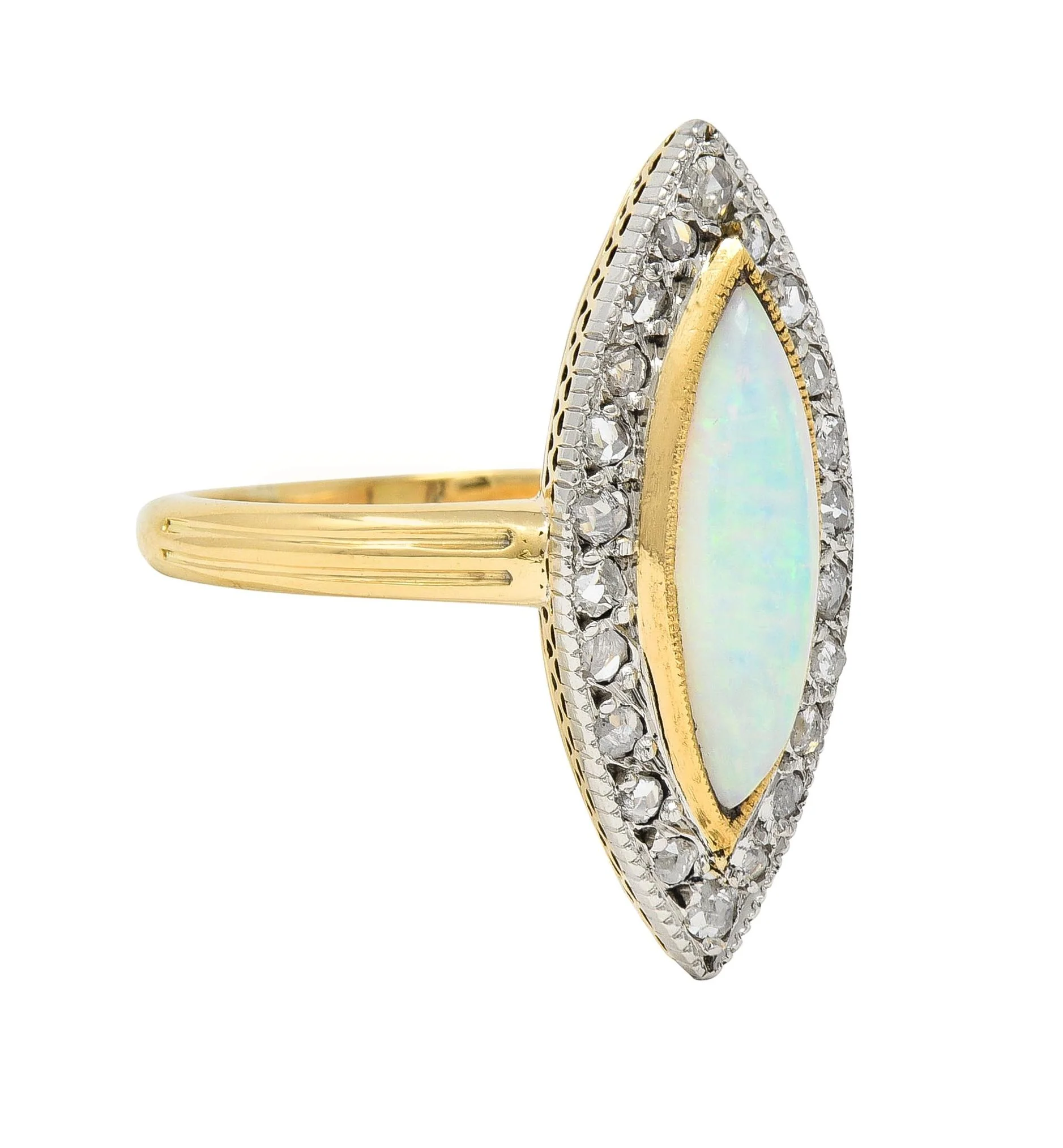 Edwardian French Opal Diamond Platinum 18 Karat Yellow Gold Antique Navette Ring - Image 3