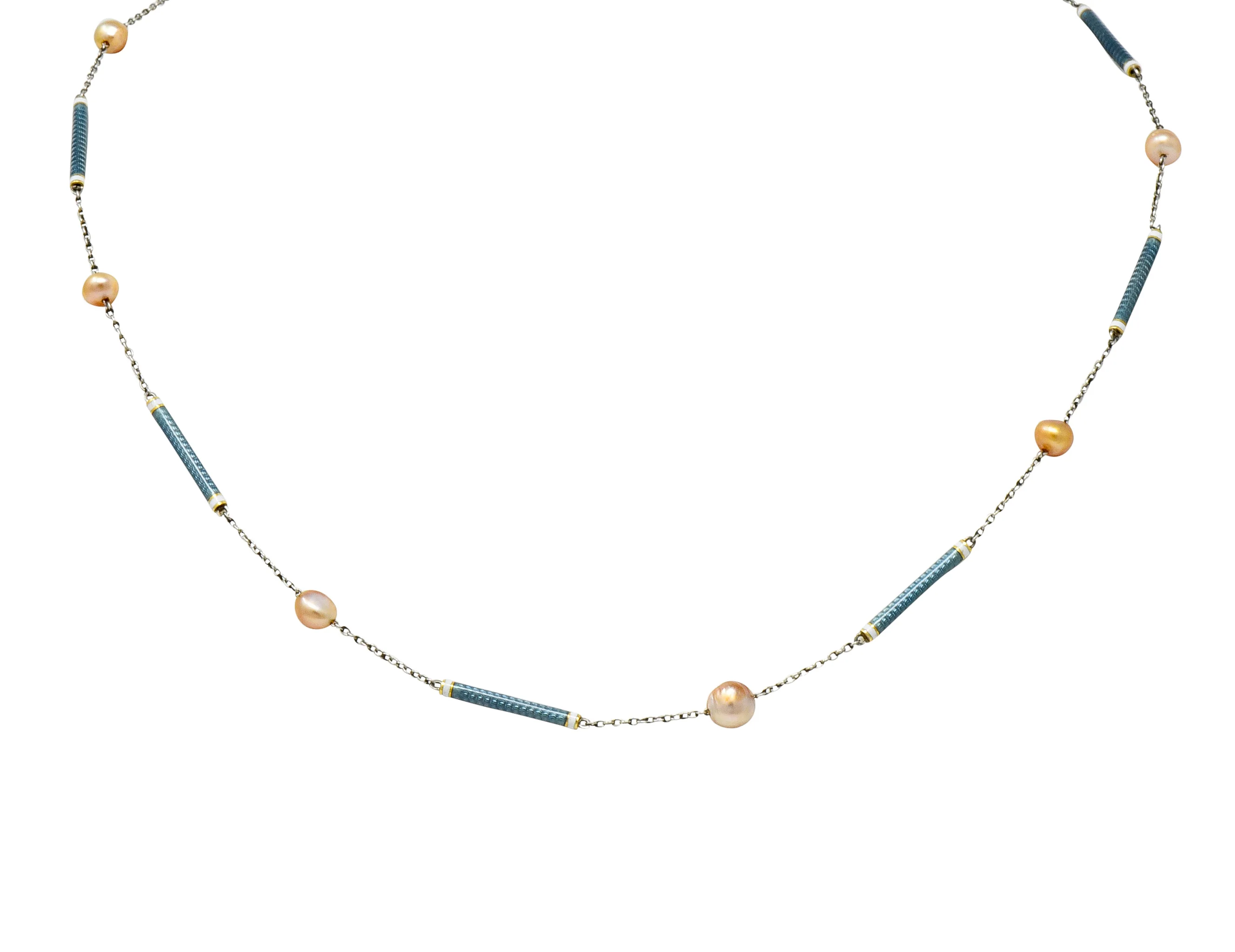 Edwardian French Pearl Enamel Platinum Bar Link Station Choker Necklace