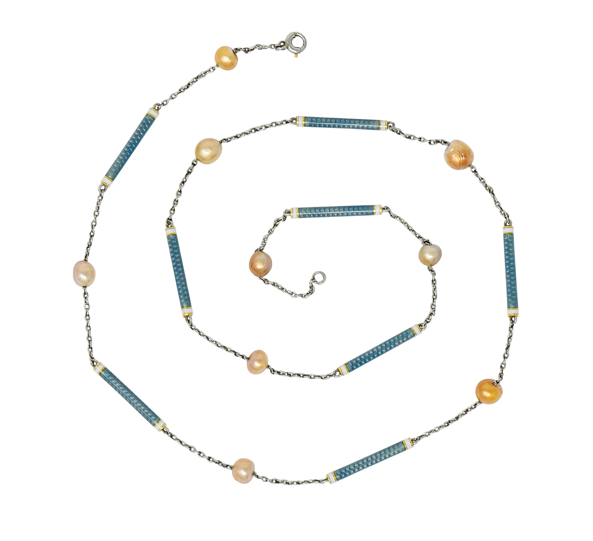 Edwardian French Pearl Enamel Platinum Bar Link Station Choker Necklace - Image 2