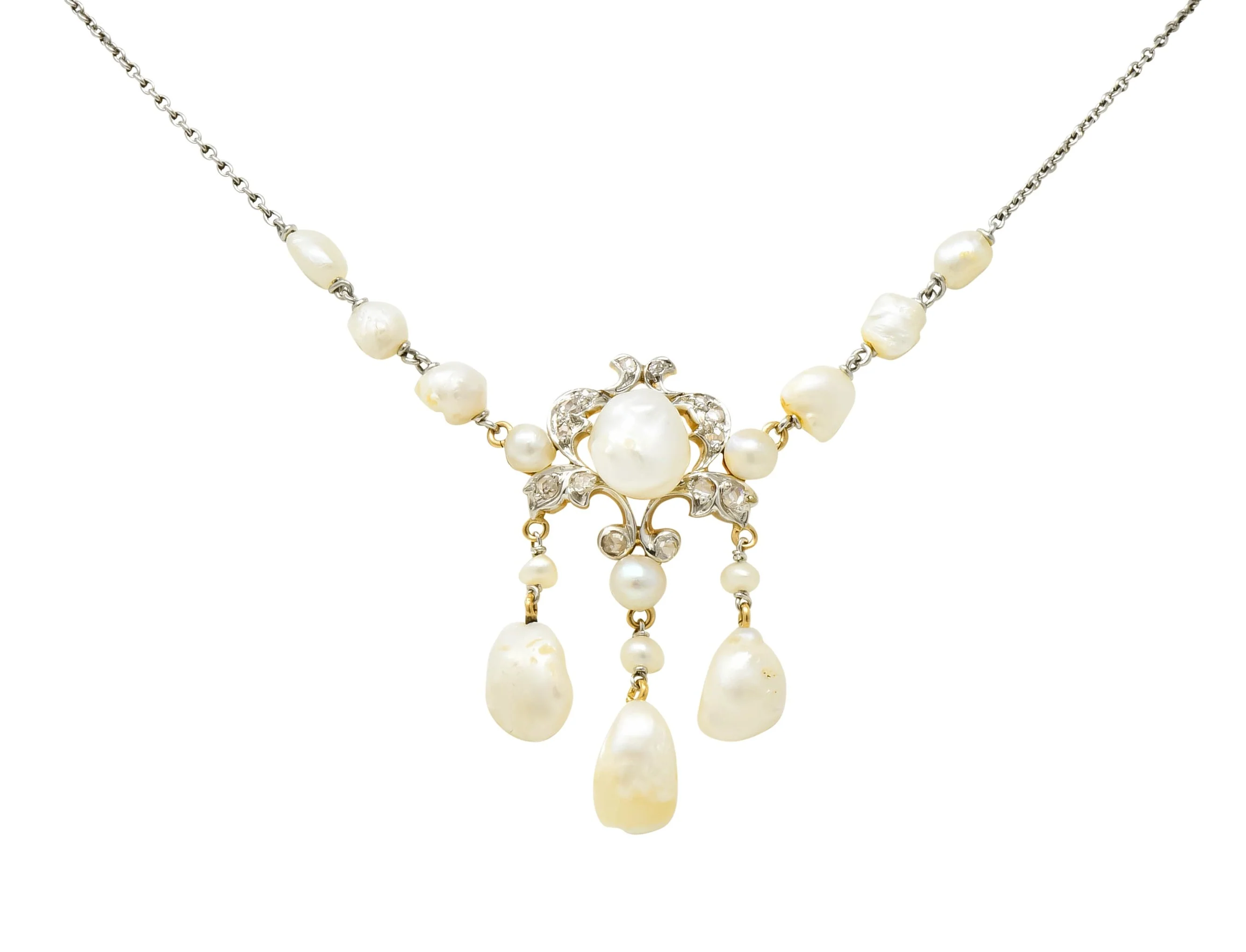 Edwardian Freshwater Natural Pearl Diamond Platinum-Topped 14 Karat Gold Drop Necklace