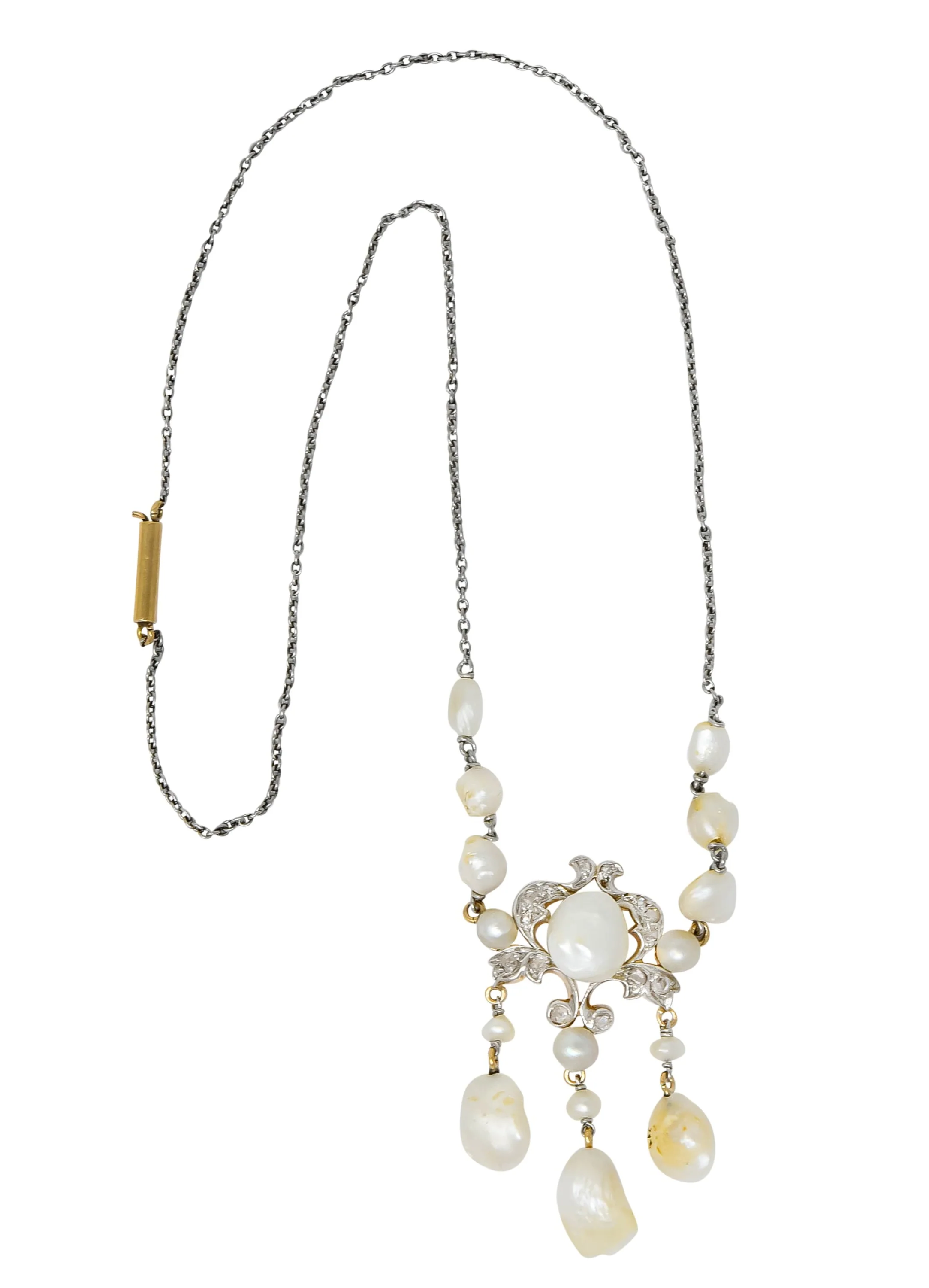Edwardian Freshwater Natural Pearl Diamond Platinum-Topped 14 Karat Gold Drop Necklace - Image 2