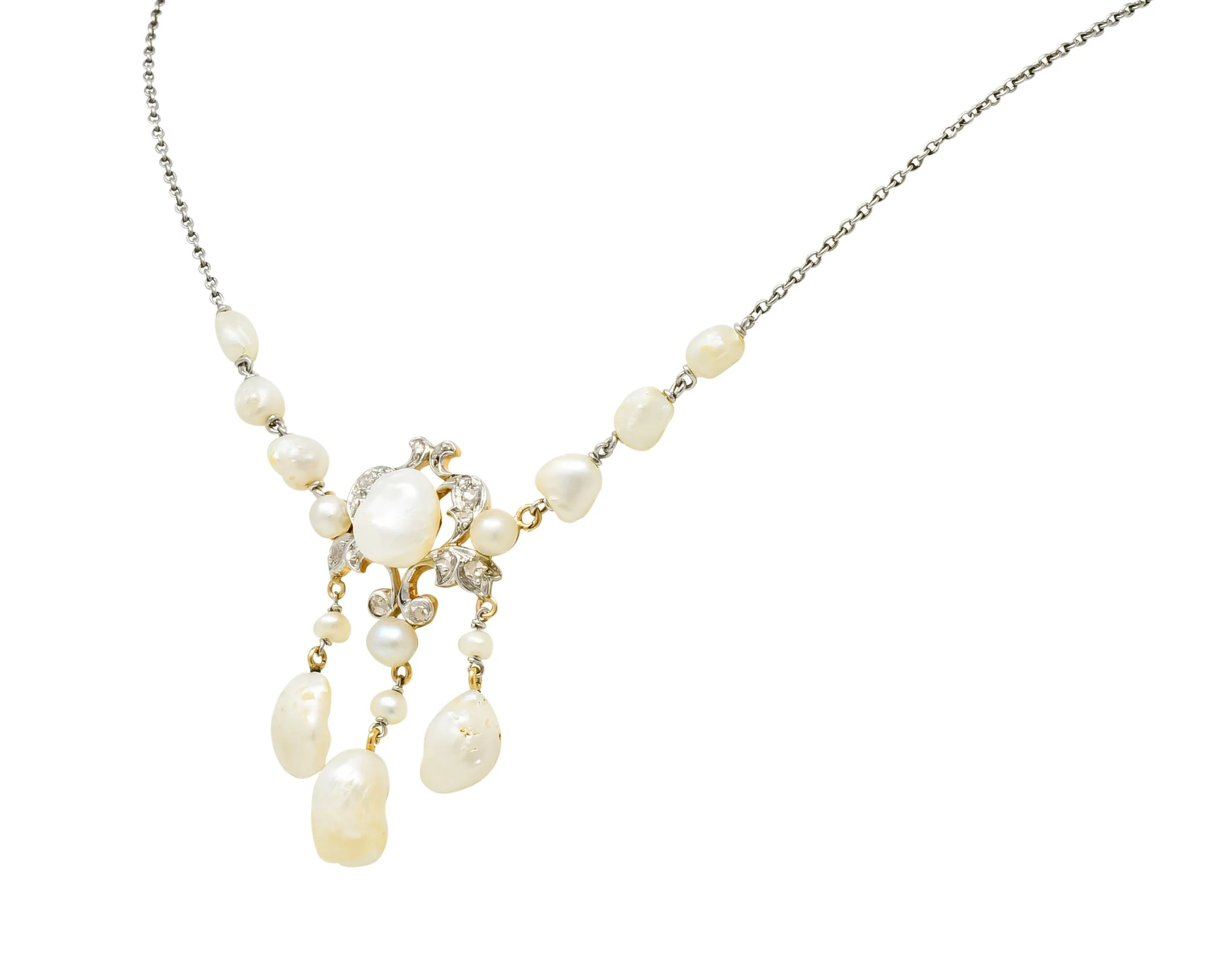 Edwardian Freshwater Natural Pearl Diamond Platinum-Topped 14 Karat Gold Drop Necklace - Image 3