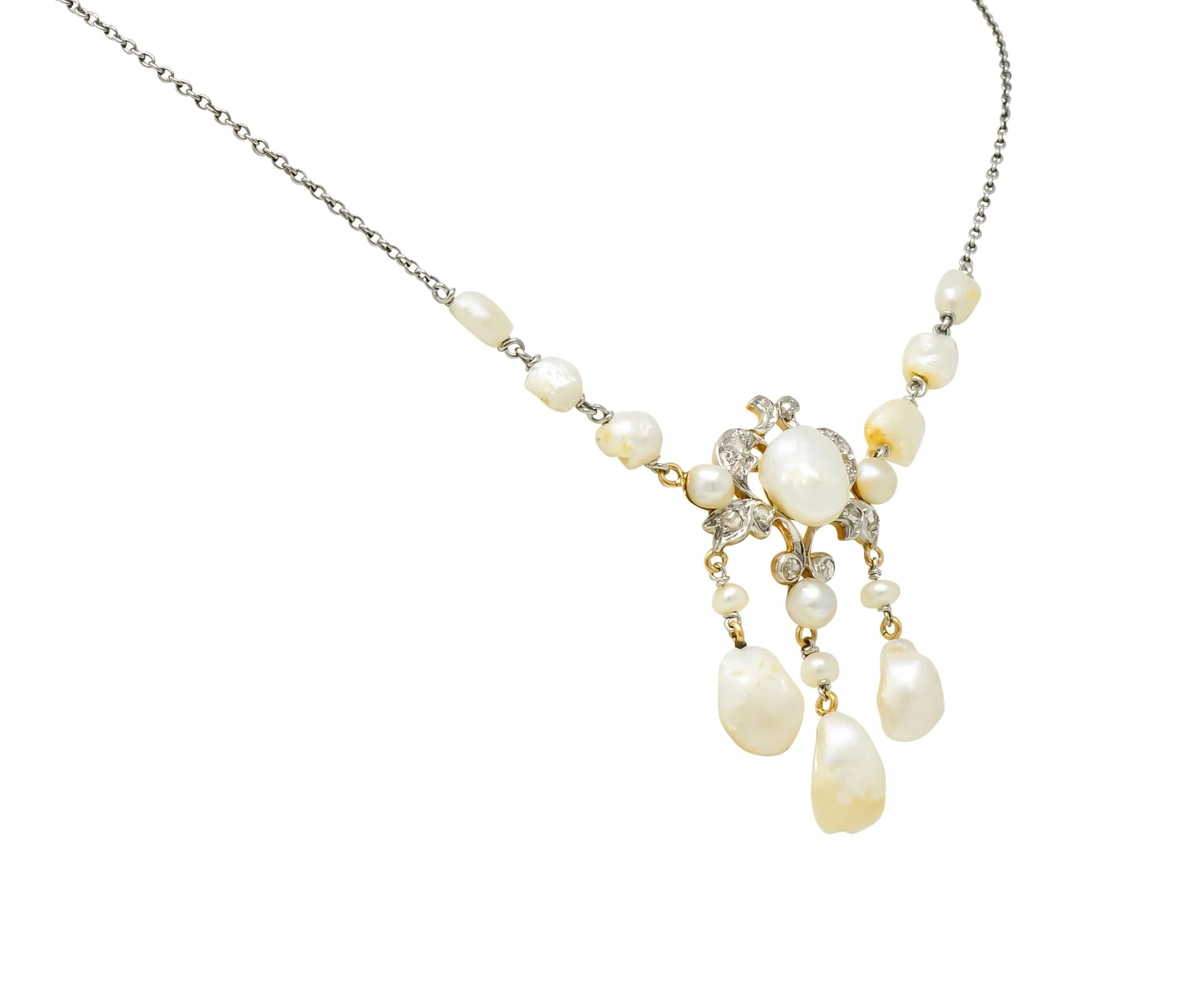 Edwardian Freshwater Natural Pearl Diamond Platinum-Topped 14 Karat Gold Drop Necklace - Image 4