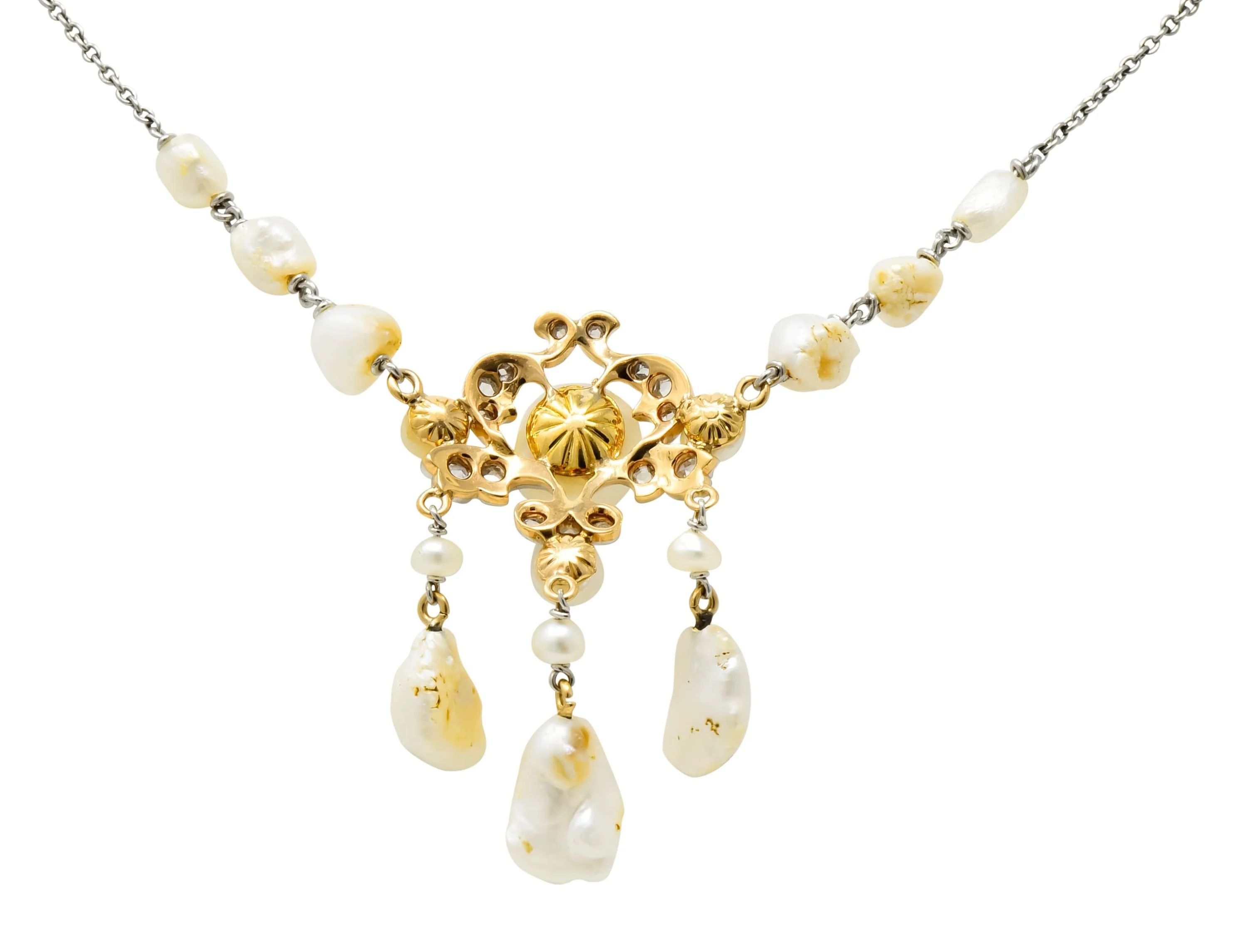 Edwardian Freshwater Natural Pearl Diamond Platinum-Topped 14 Karat Gold Drop Necklace - Image 7