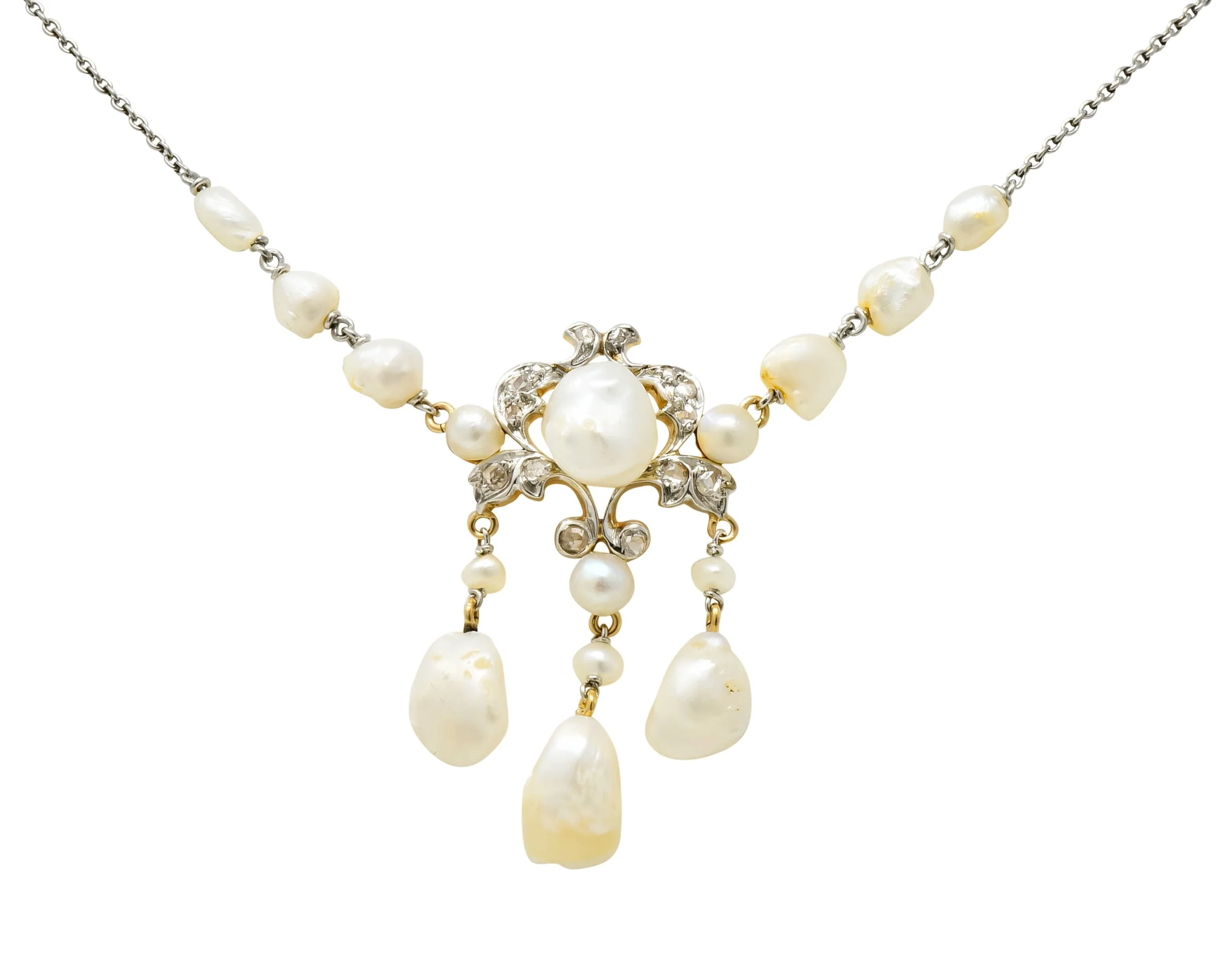 Edwardian Freshwater Natural Pearl Diamond Platinum-Topped 14 Karat Gold Drop Necklace - Image 8