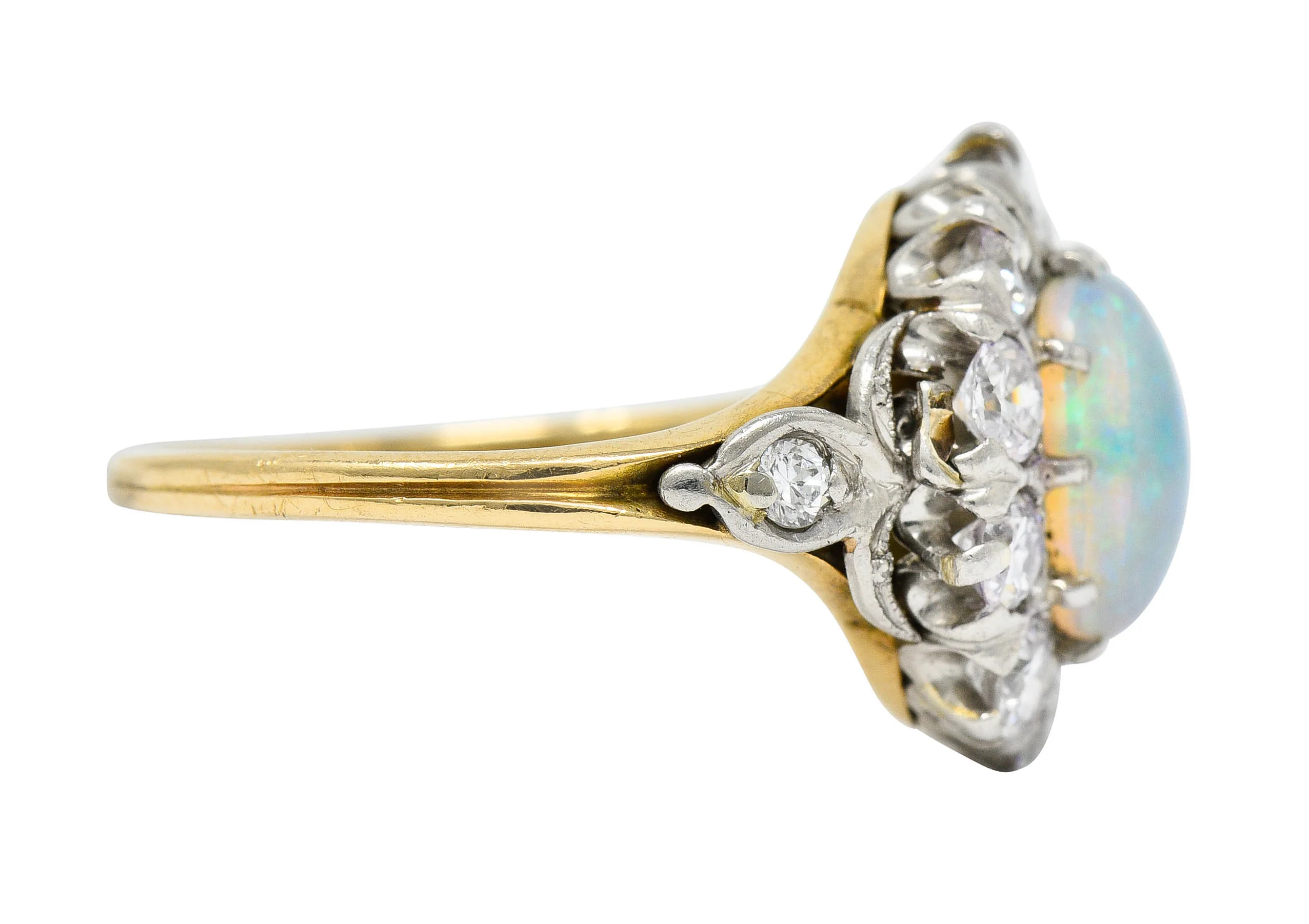 Edwardian Jelly Opal 1.06 CTW Diamond Platinum-Topped 14 Karat Gold Cluster Ring - Image 4