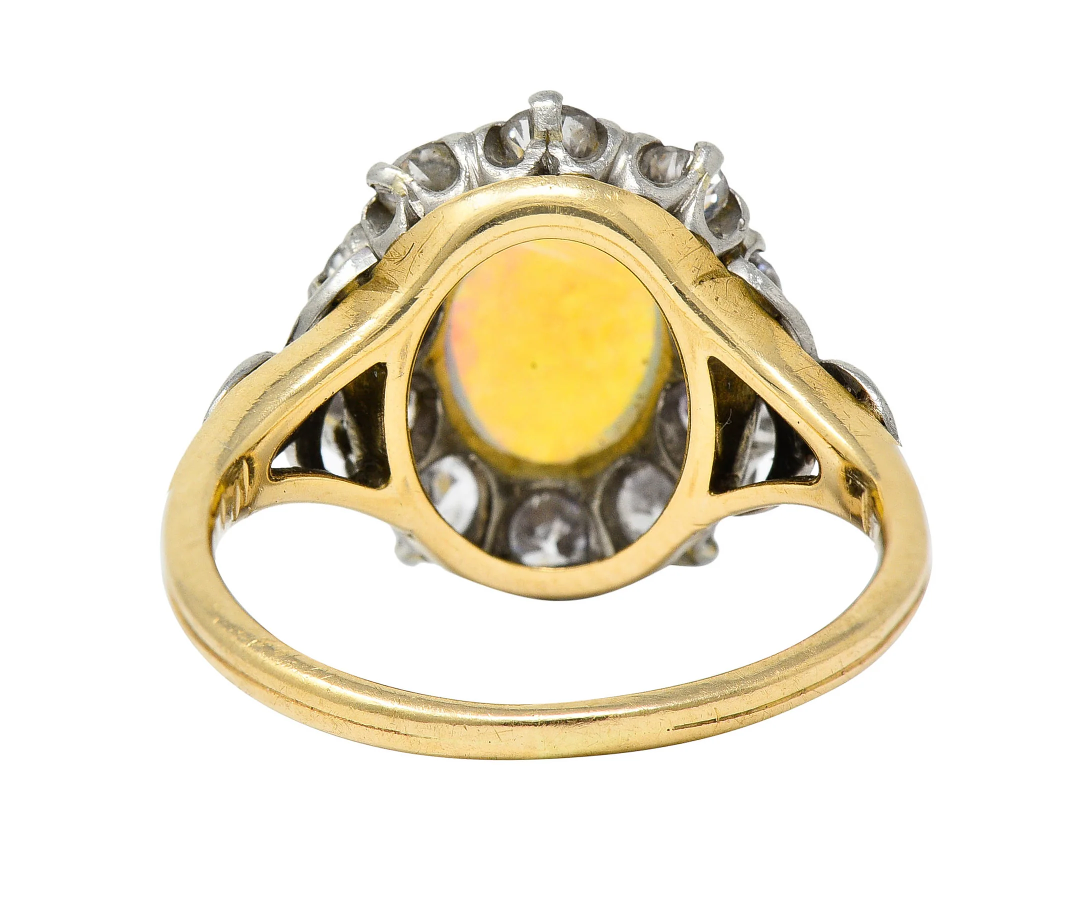 Edwardian Jelly Opal 1.06 CTW Diamond Platinum-Topped 14 Karat Gold Cluster Ring - Image 5