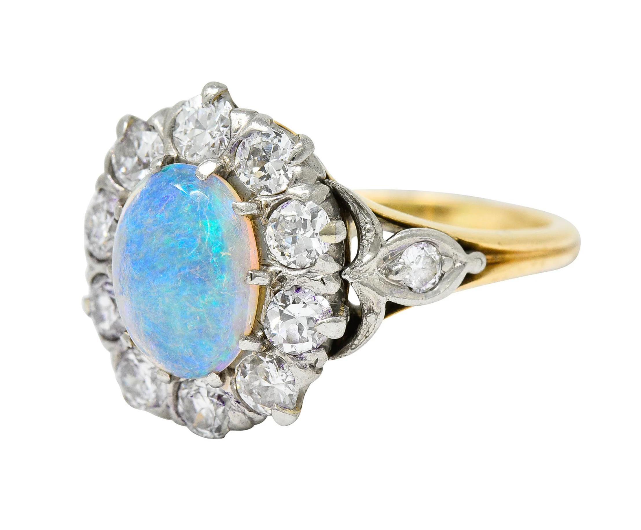 Edwardian Jelly Opal 1.06 CTW Diamond Platinum-Topped 14 Karat Gold Cluster Ring - Image 7