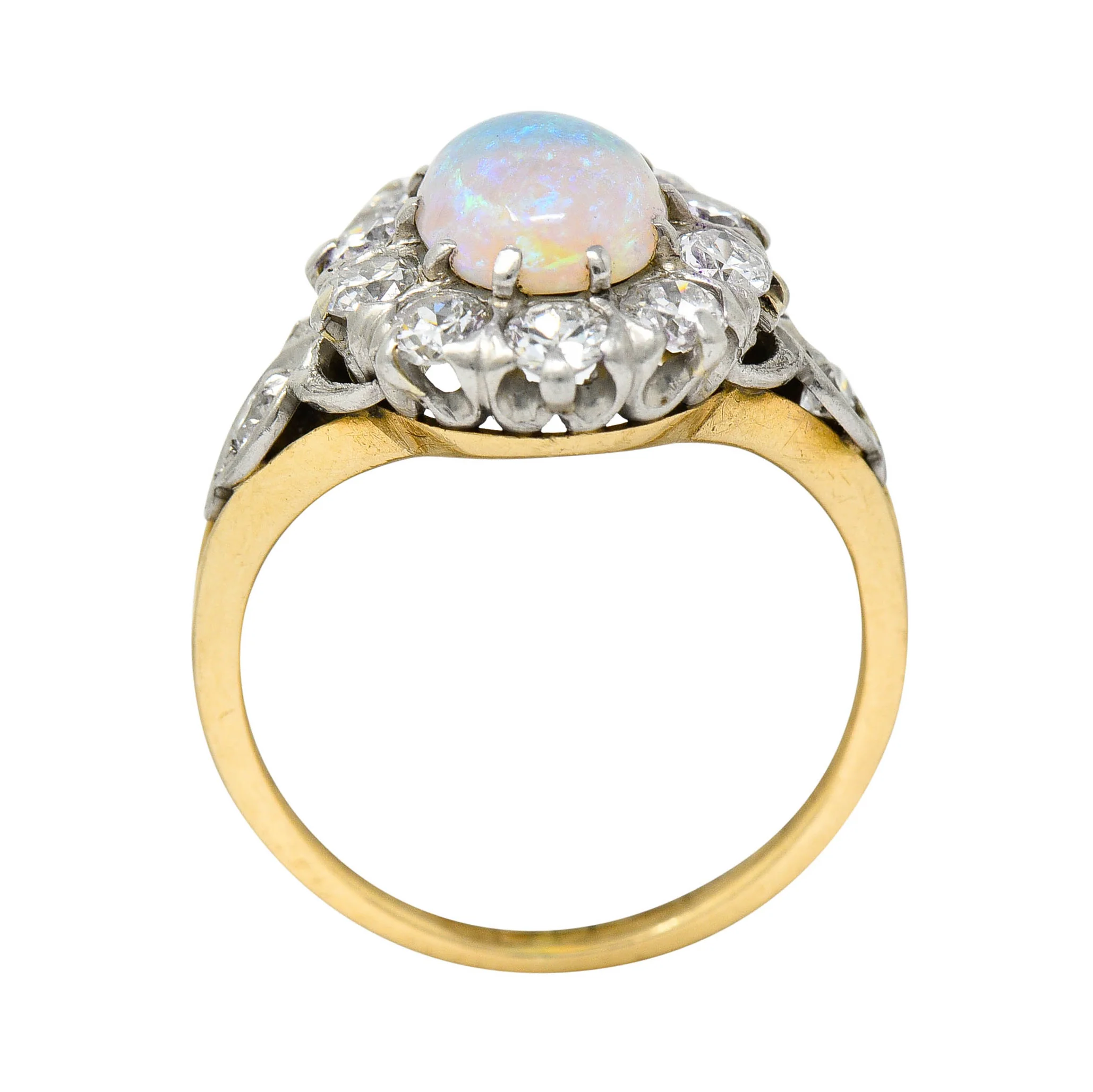 Edwardian Jelly Opal 1.06 CTW Diamond Platinum-Topped 14 Karat Gold Cluster Ring - Image 9