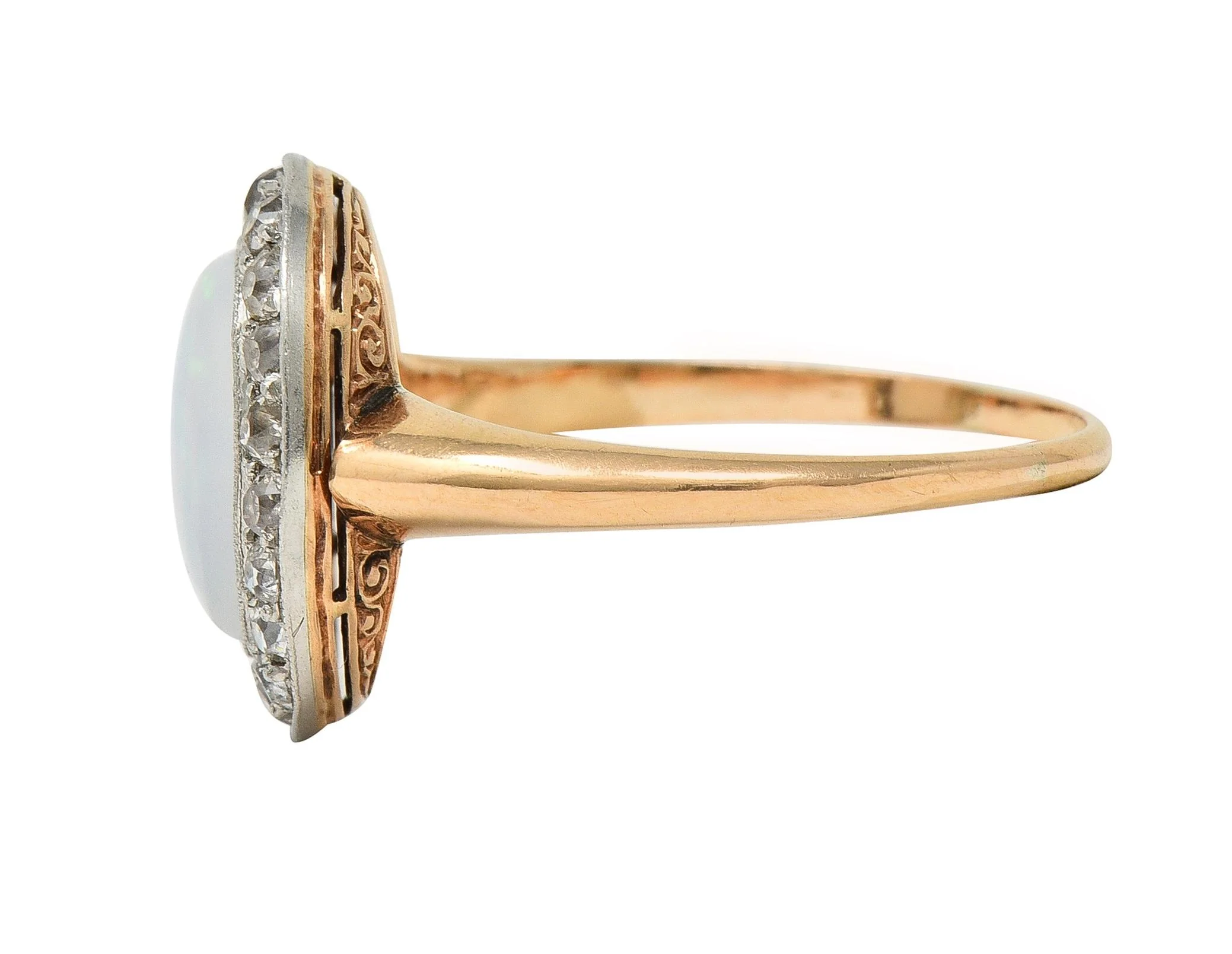 Edwardian Jelly Opal Diamond Platinum 18 Karat Rose Gold Antique Halo Ring - Image 5