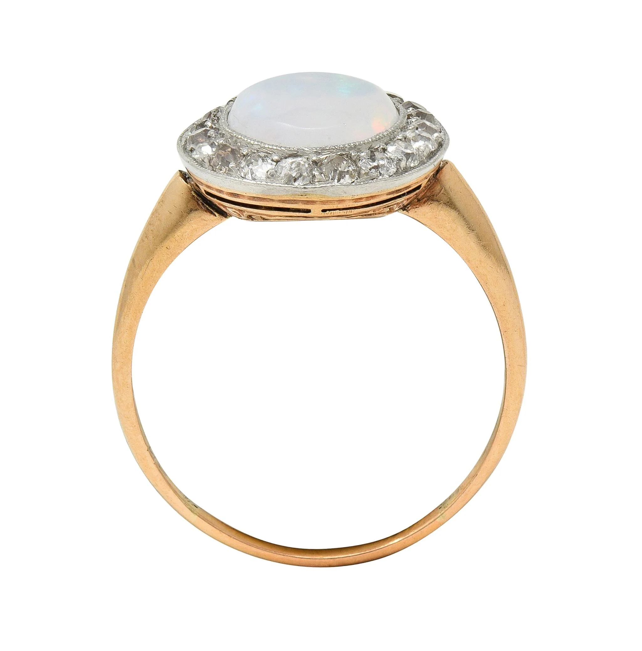 Edwardian Jelly Opal Diamond Platinum 18 Karat Rose Gold Antique Halo Ring - Image 8