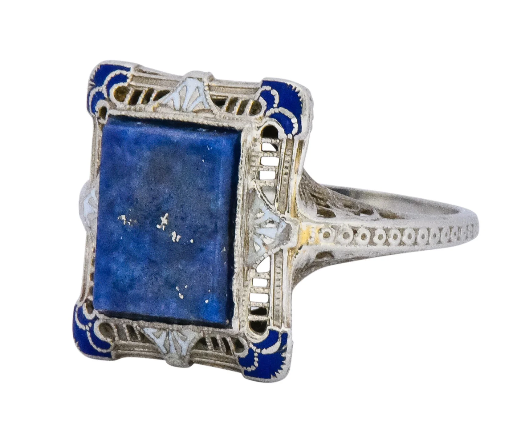 Edwardian Lapis Lazuli Enamel 14 Karat White Gold Dinner Ring - Image 5