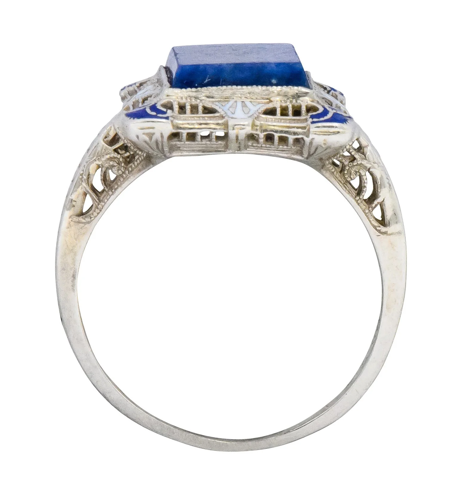 Edwardian Lapis Lazuli Enamel 14 Karat White Gold Dinner Ring - Image 6