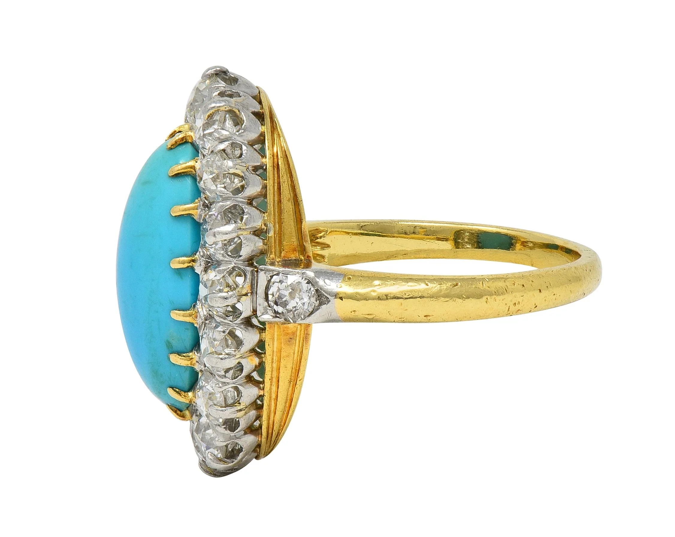 Edwardian Mine Diamond Robin's Egg Turquoise Platinum 18K Gold Antique Halo Ring - Image 4