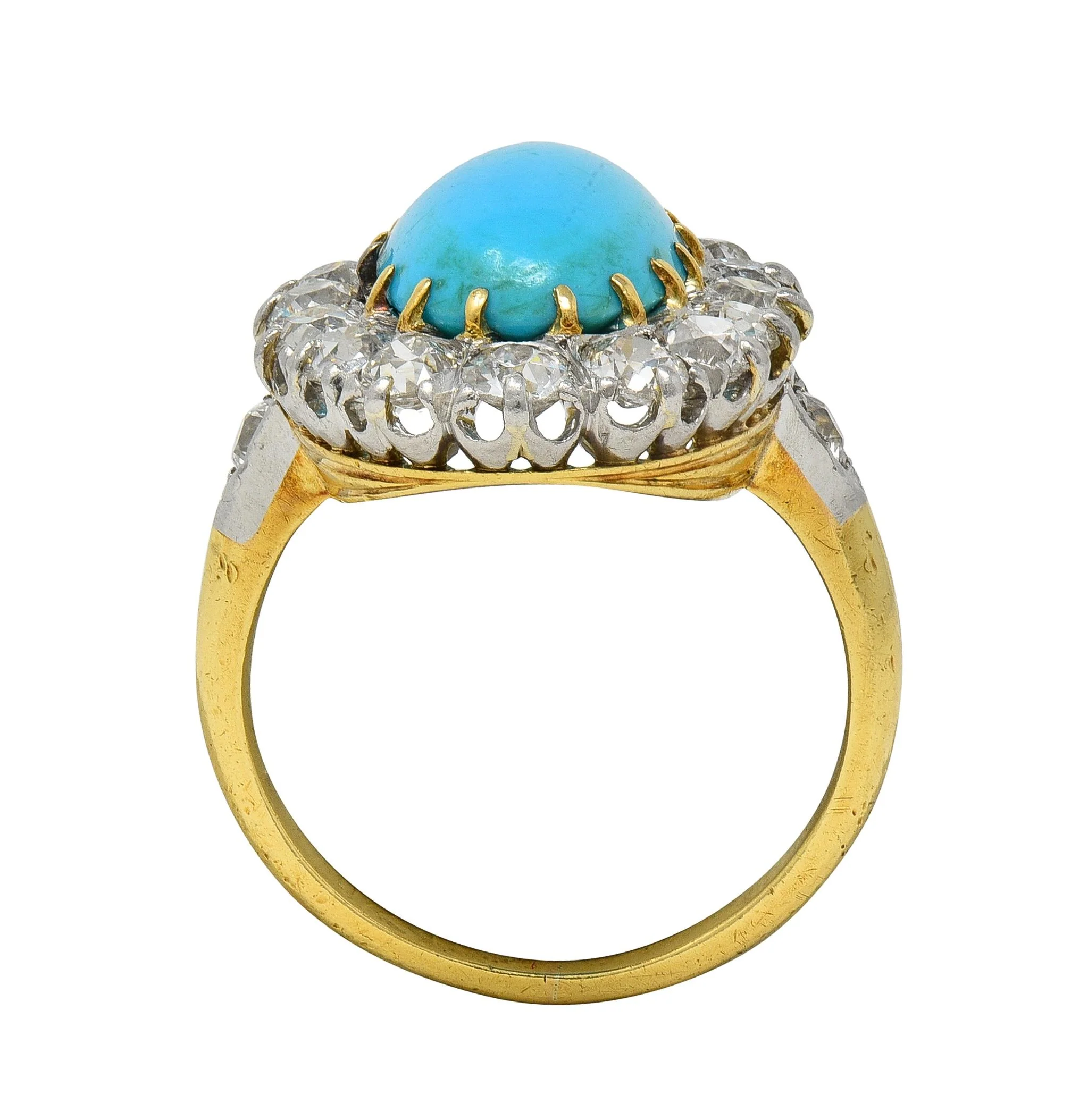 Edwardian Mine Diamond Robin's Egg Turquoise Platinum 18K Gold Antique Halo Ring - Image 5
