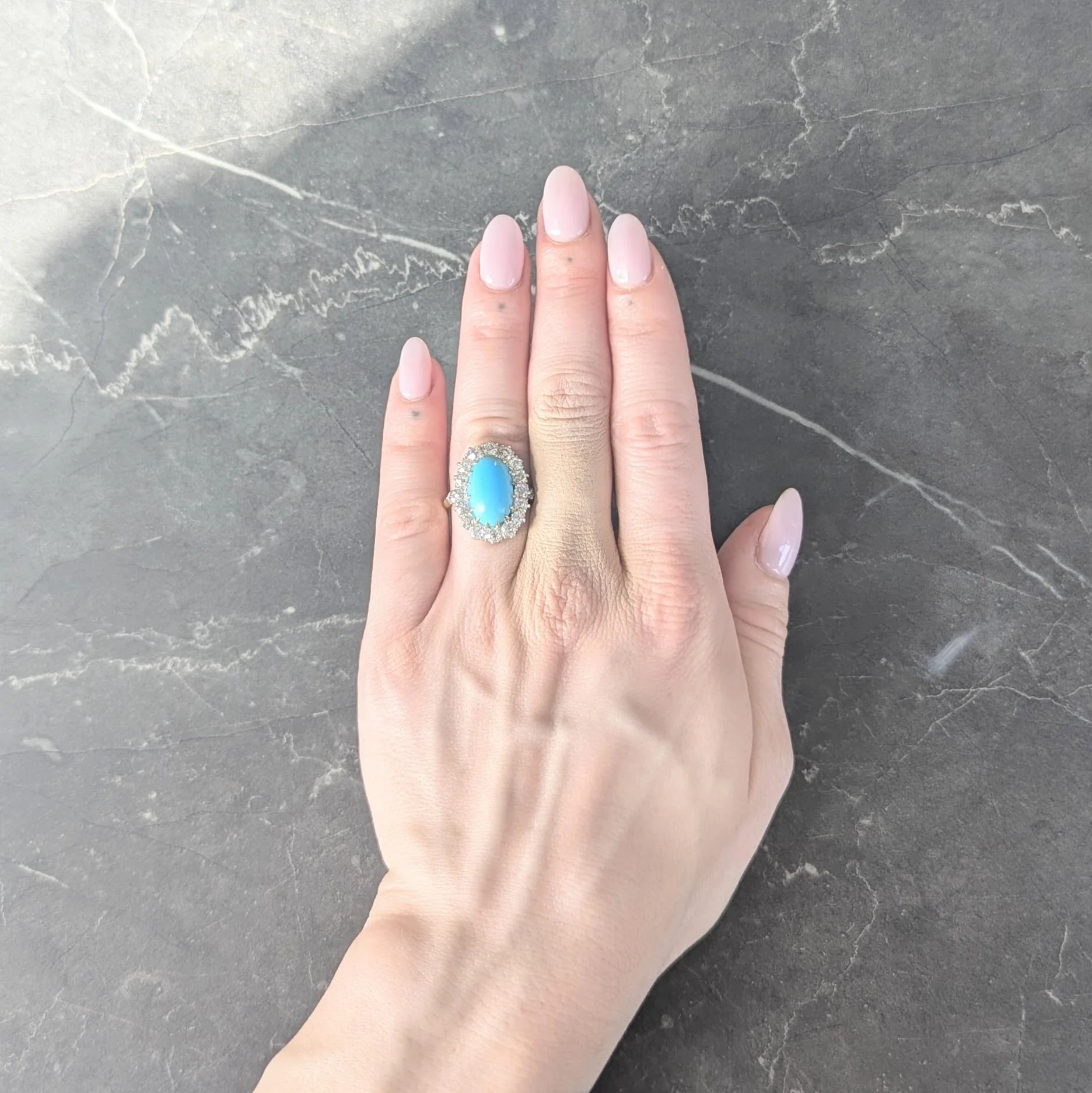Edwardian Mine Diamond Robin's Egg Turquoise Platinum 18K Gold Antique Halo Ring - Image 7