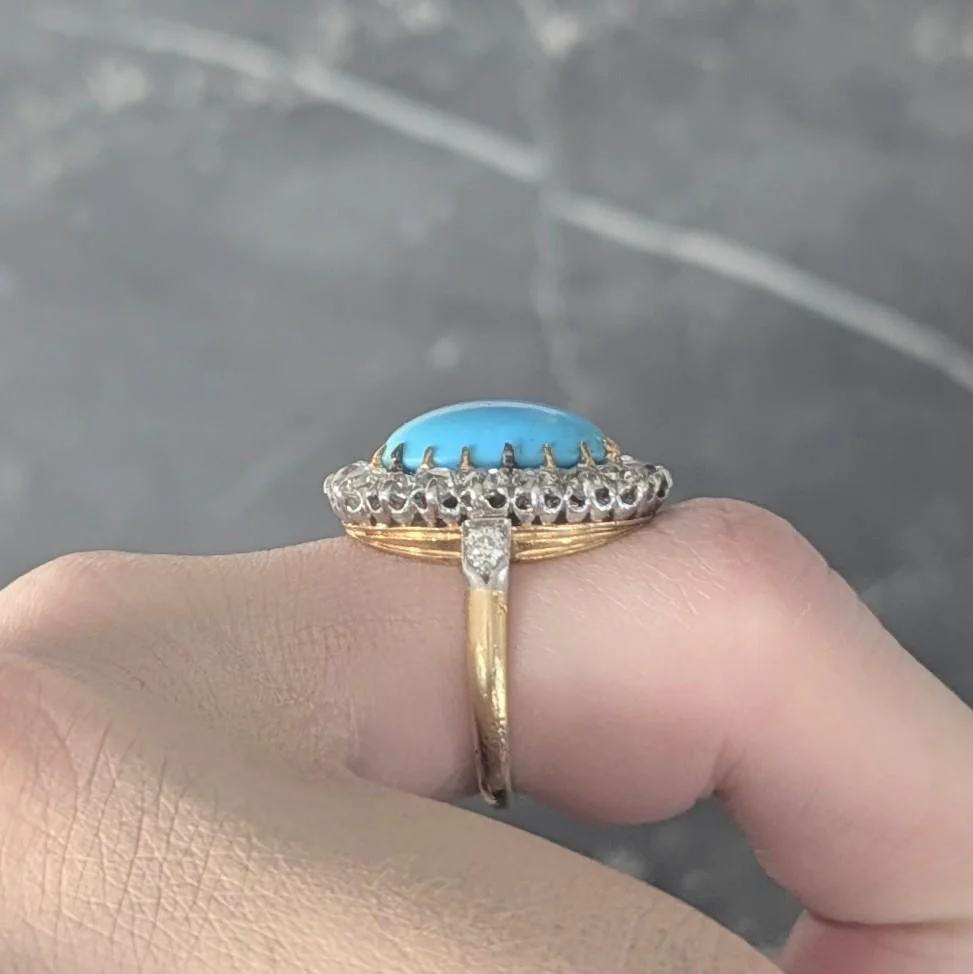 Edwardian Mine Diamond Robin's Egg Turquoise Platinum 18K Gold Antique Halo Ring - Image 9