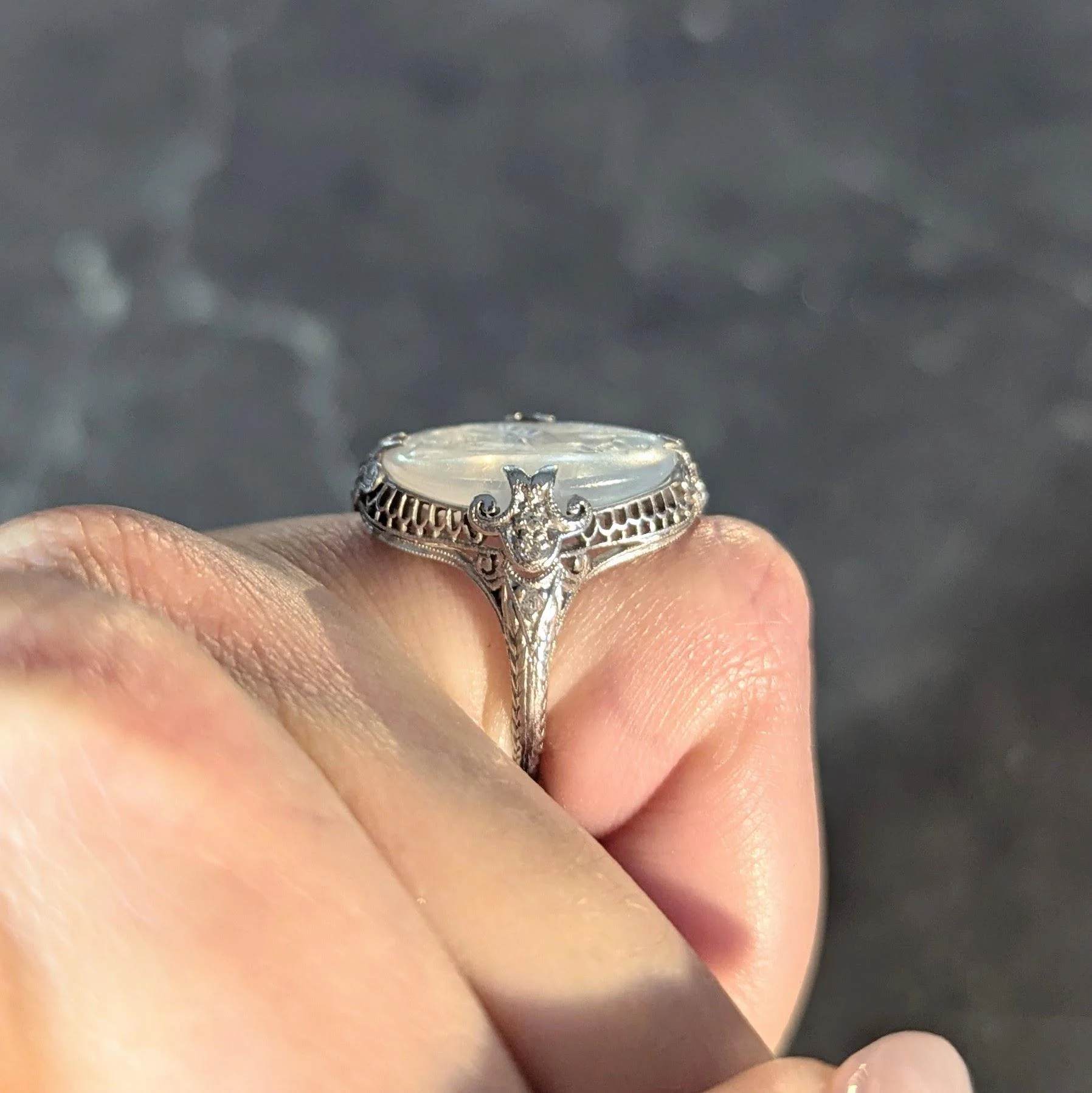 Edwardian Moonstone Diamond Platinum Antique Carved Venus Intaglio Ring - Image 14