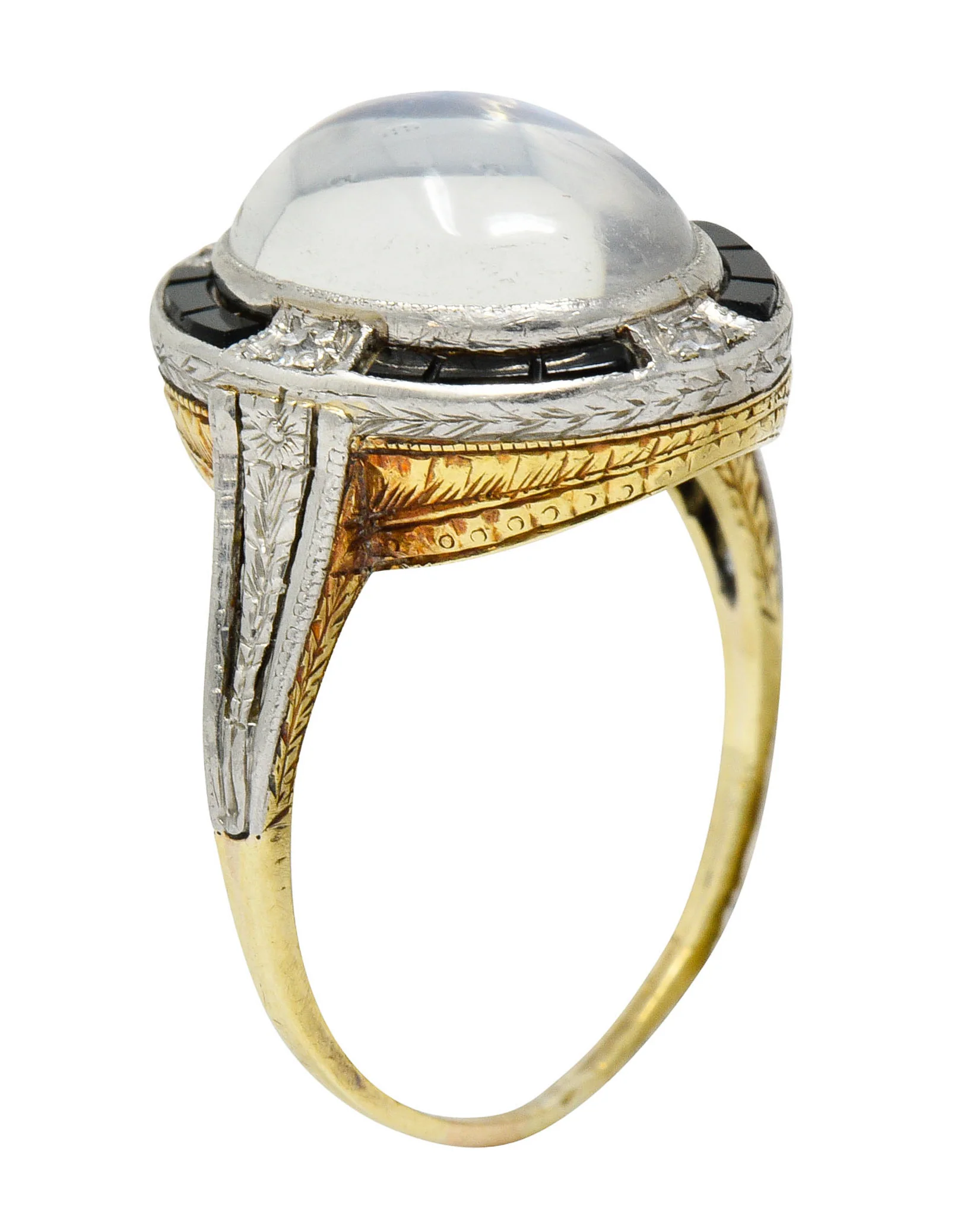 Edwardian Moonstone Onyx Diamond Platinum-Topped 14 Karat Gold Ring - Image 10