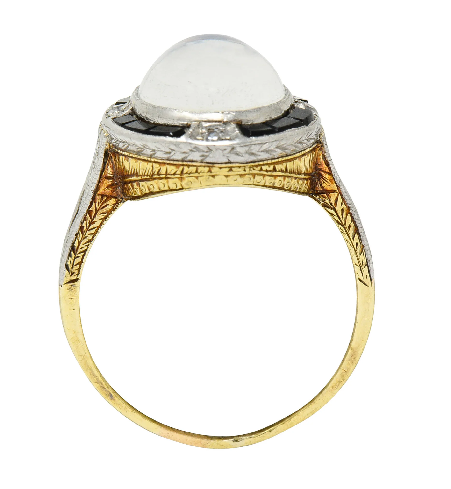 Edwardian Moonstone Onyx Diamond Platinum-Topped 14 Karat Gold Ring - Image 9
