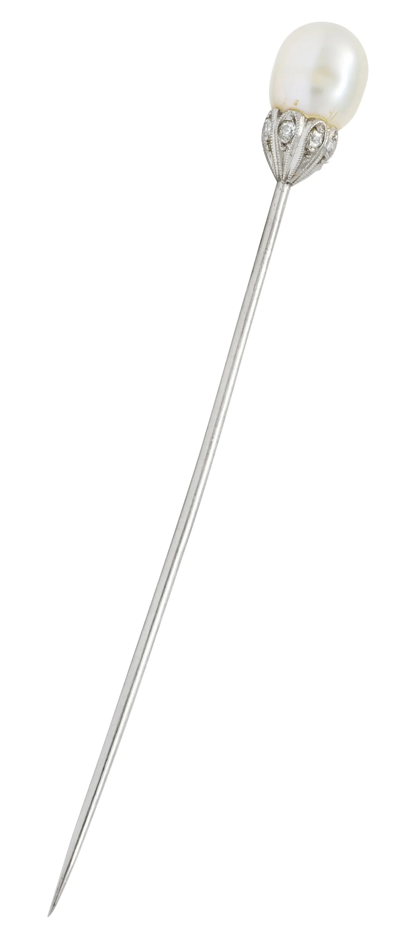 Edwardian Natural Freshwater Pearl Diamond Platinum Stickpin GIA - Image 2
