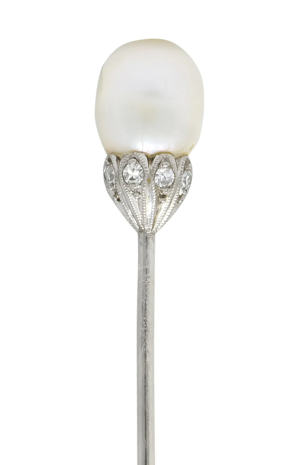 Edwardian Natural Freshwater Pearl Diamond Platinum Stickpin GIA - Image 3
