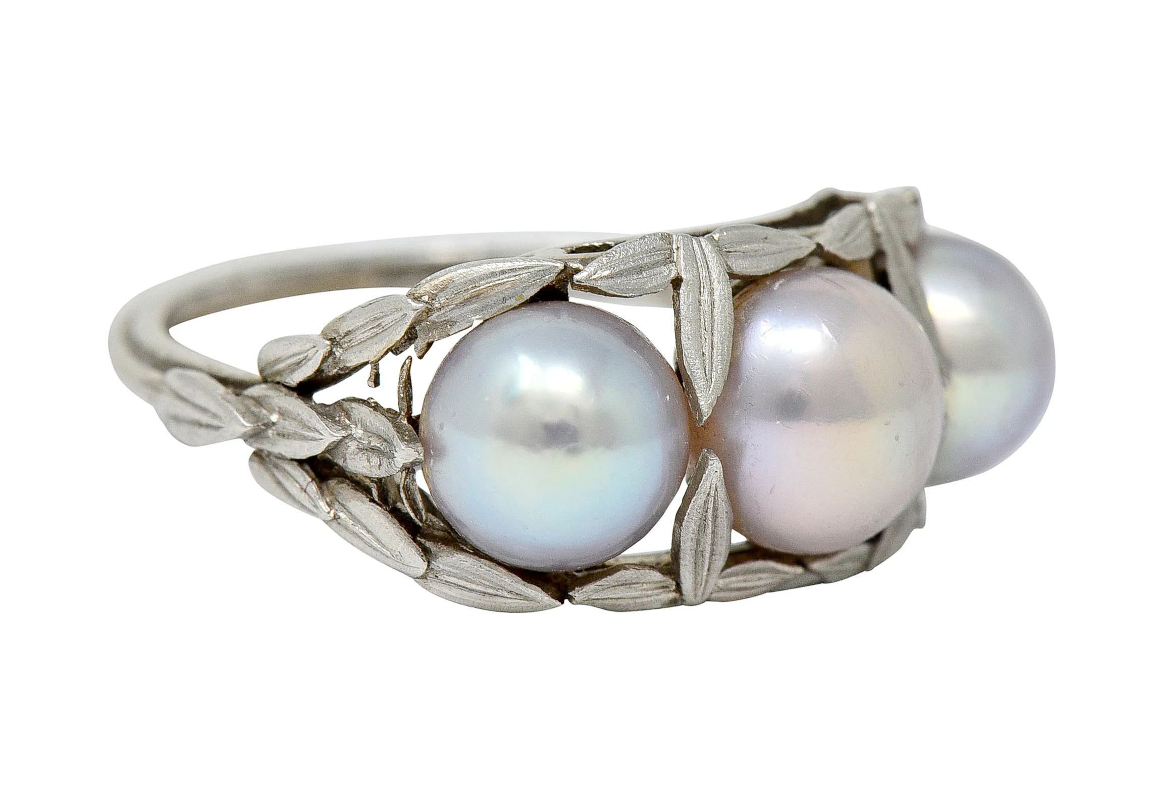 Edwardian Natural Freshwater Pearl Platinum Laurel Band Ring GIA - Image 2