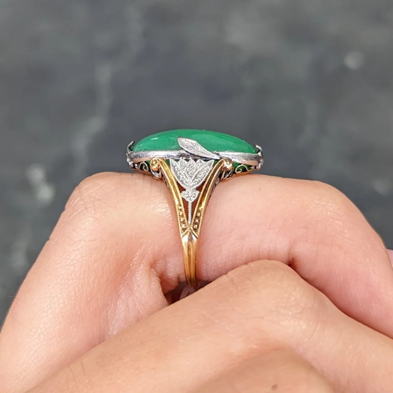 Edwardian Natural Jadeite Jade Cabochon Platinum 18 Karat Yellow Gold Lotus Antique Ring GIA - Image 13