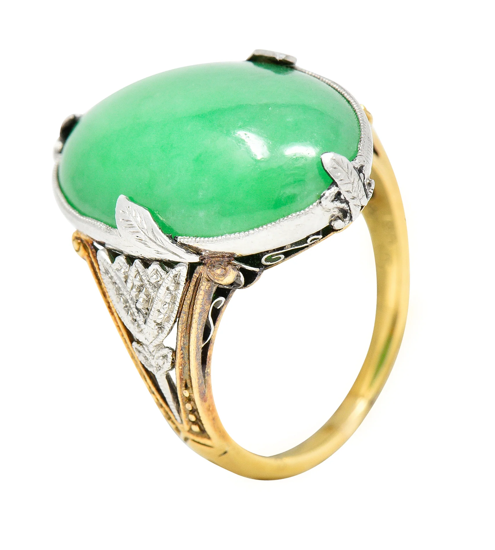 Edwardian Natural Jadeite Jade Cabochon Platinum 18 Karat Yellow Gold Lotus Antique Ring GIA - Image 8
