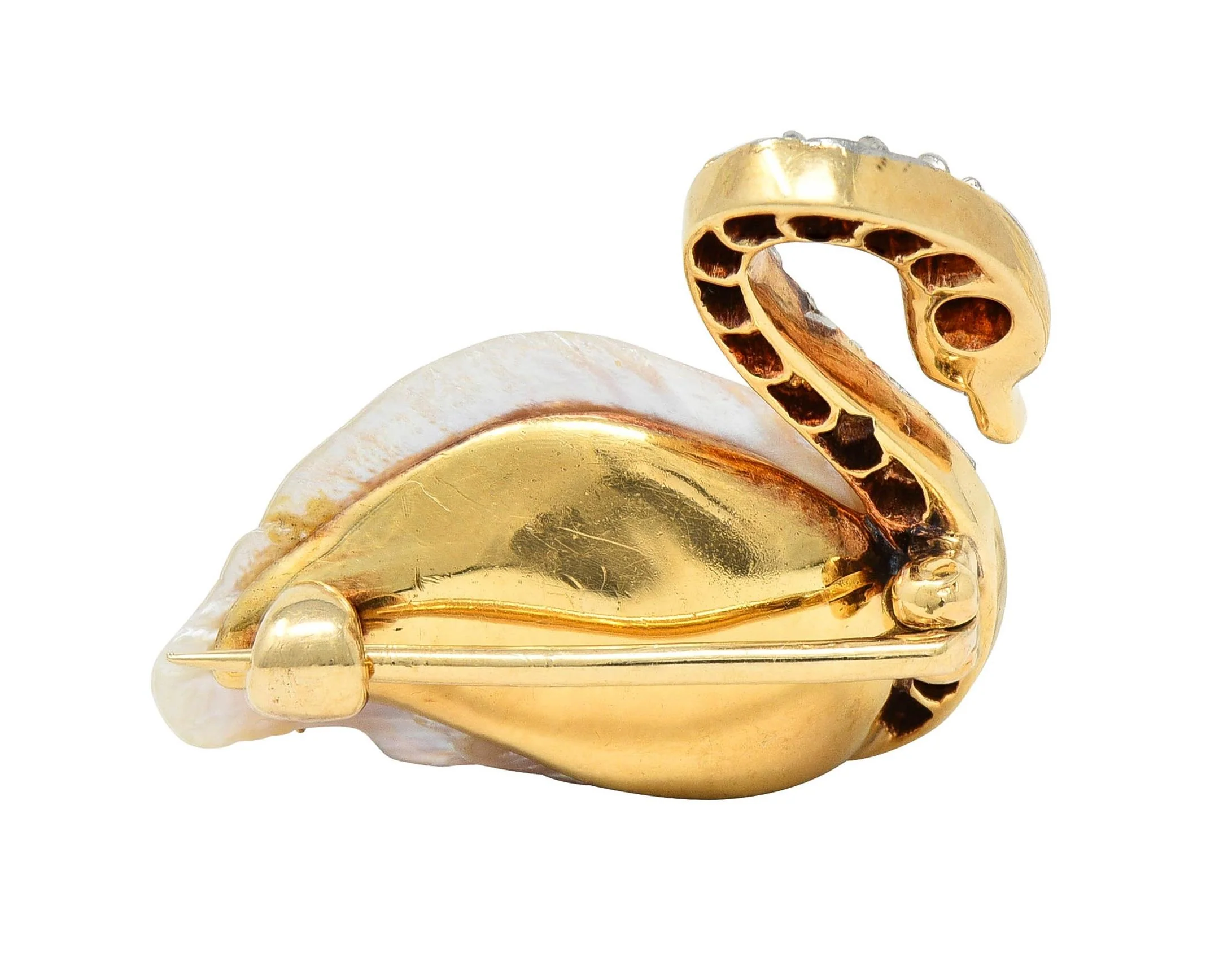 Edwardian Natural Pearl Diamond 14 Karat Gold Platinum Swan Bird Antique Brooch - Image 3