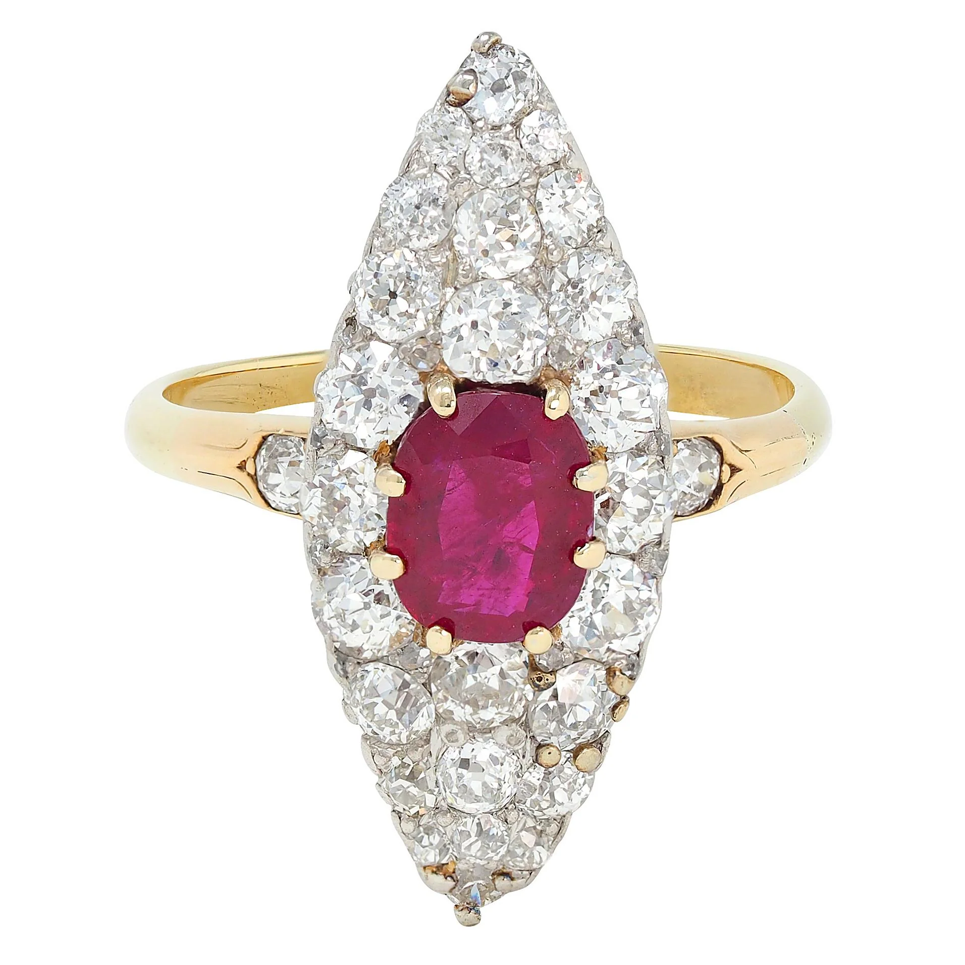 Edwardian No Heat Burma Ruby Diamond 18 Karat Yellow Gold Antique Cluster Navette Ring GIA