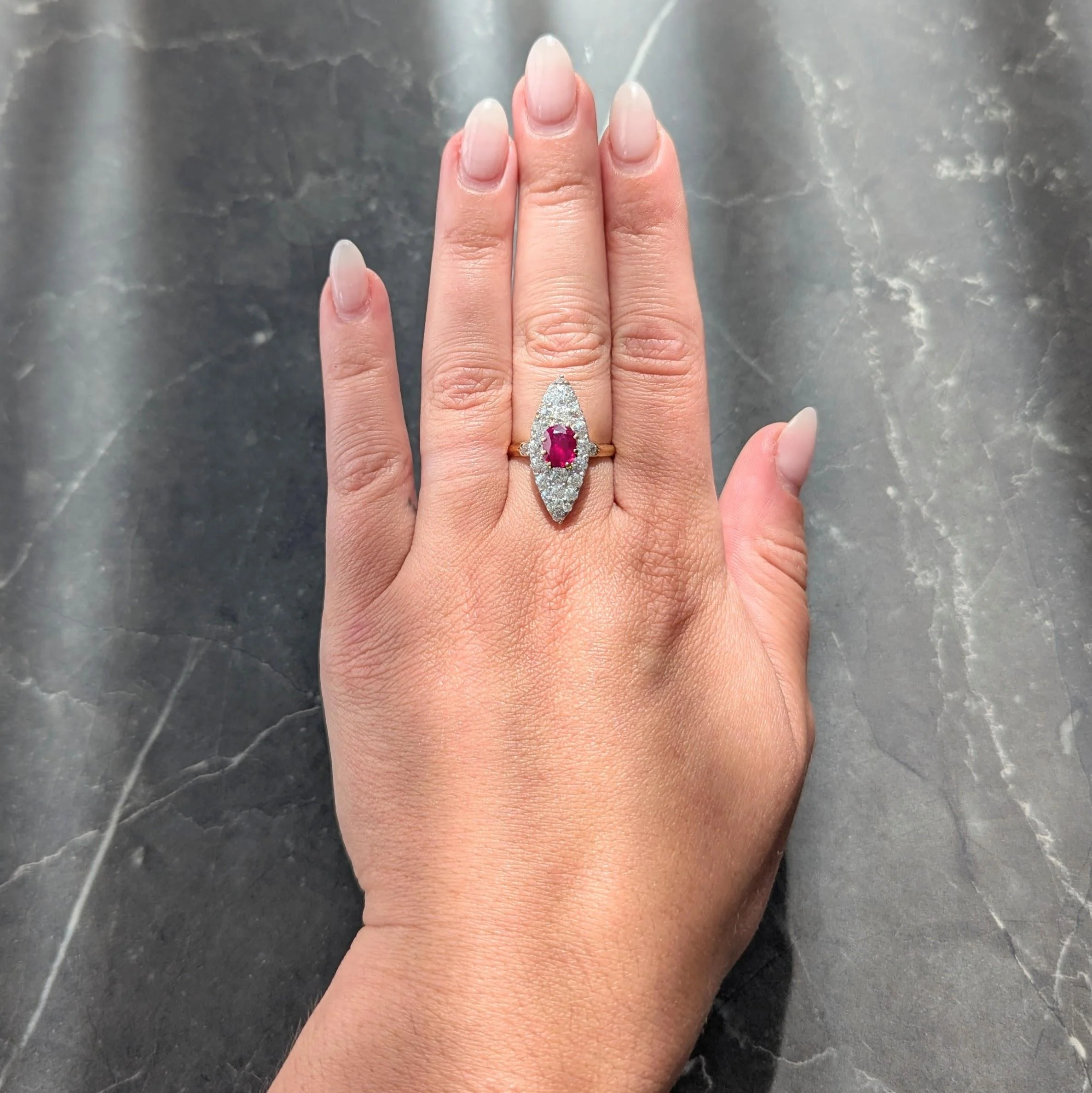 Edwardian No Heat Burma Ruby Diamond 18 Karat Yellow Gold Antique Cluster Navette Ring GIA - Image 6