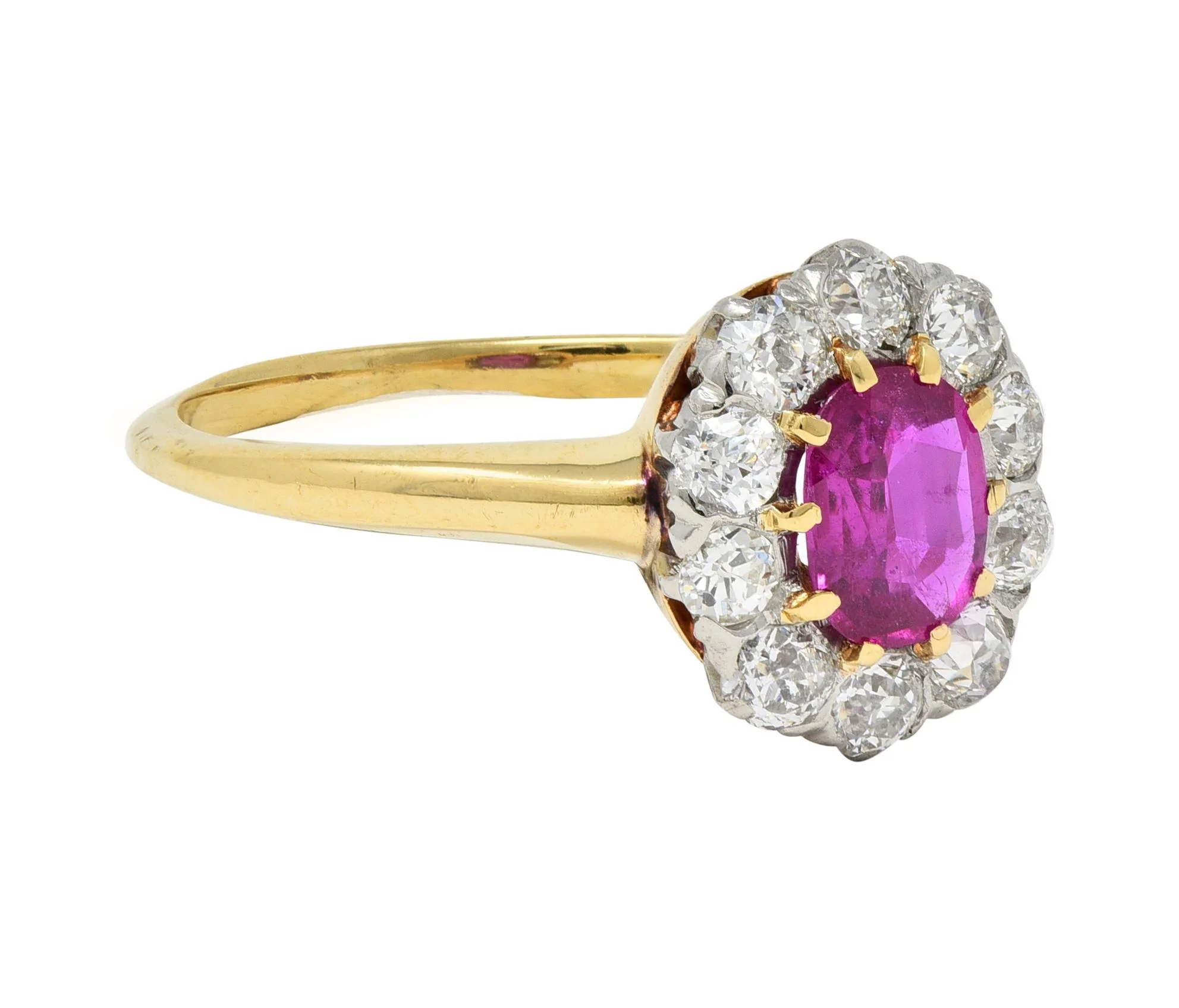 Edwardian No Heat Burma Ruby Diamond Platinum 18 Karat Gold Antique Halo Ring - Image 3