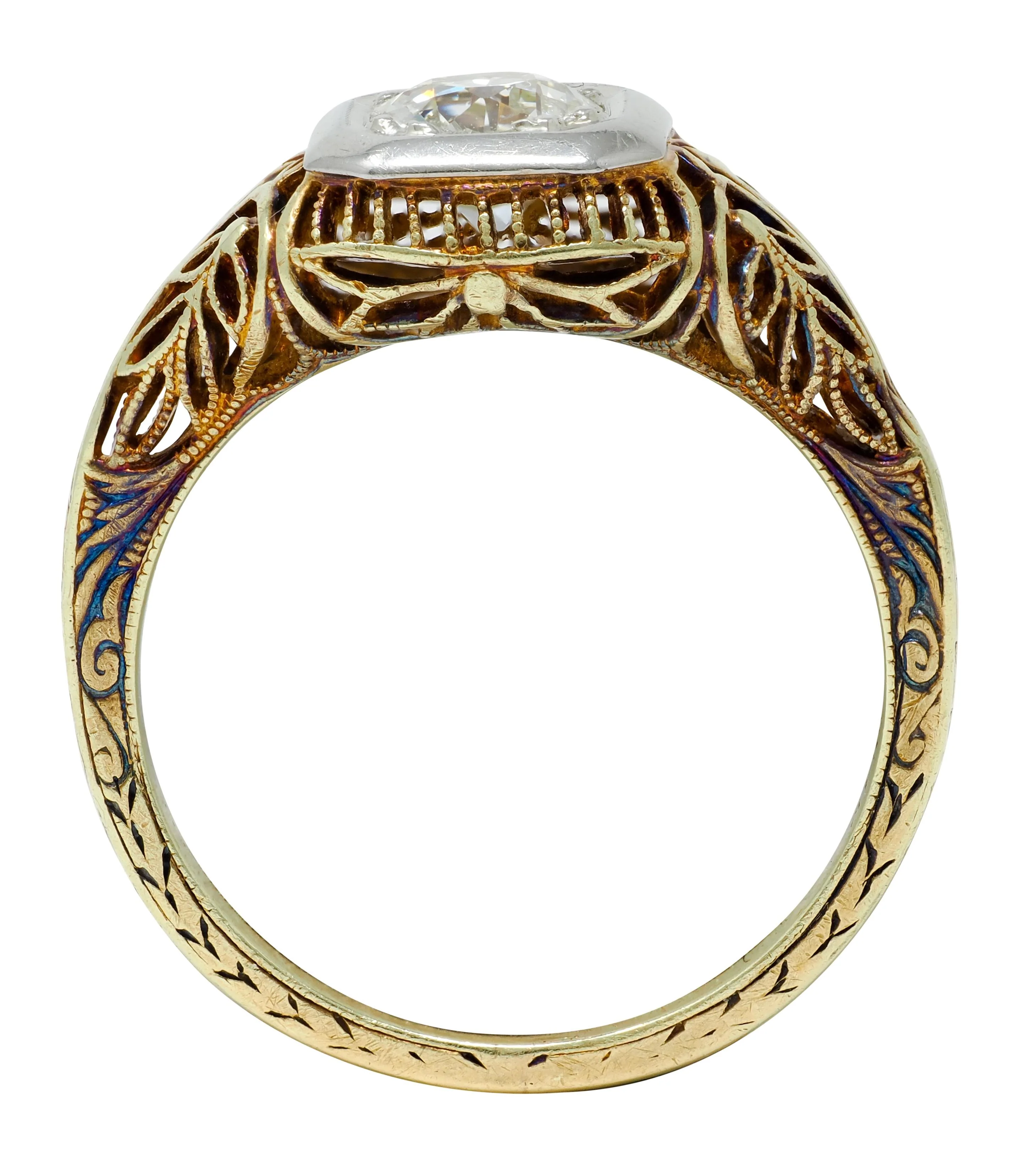 Edwardian Old European Cut Diamond 14 Karat Two-Tone Gold Foliate Engagement Ring - Image 7