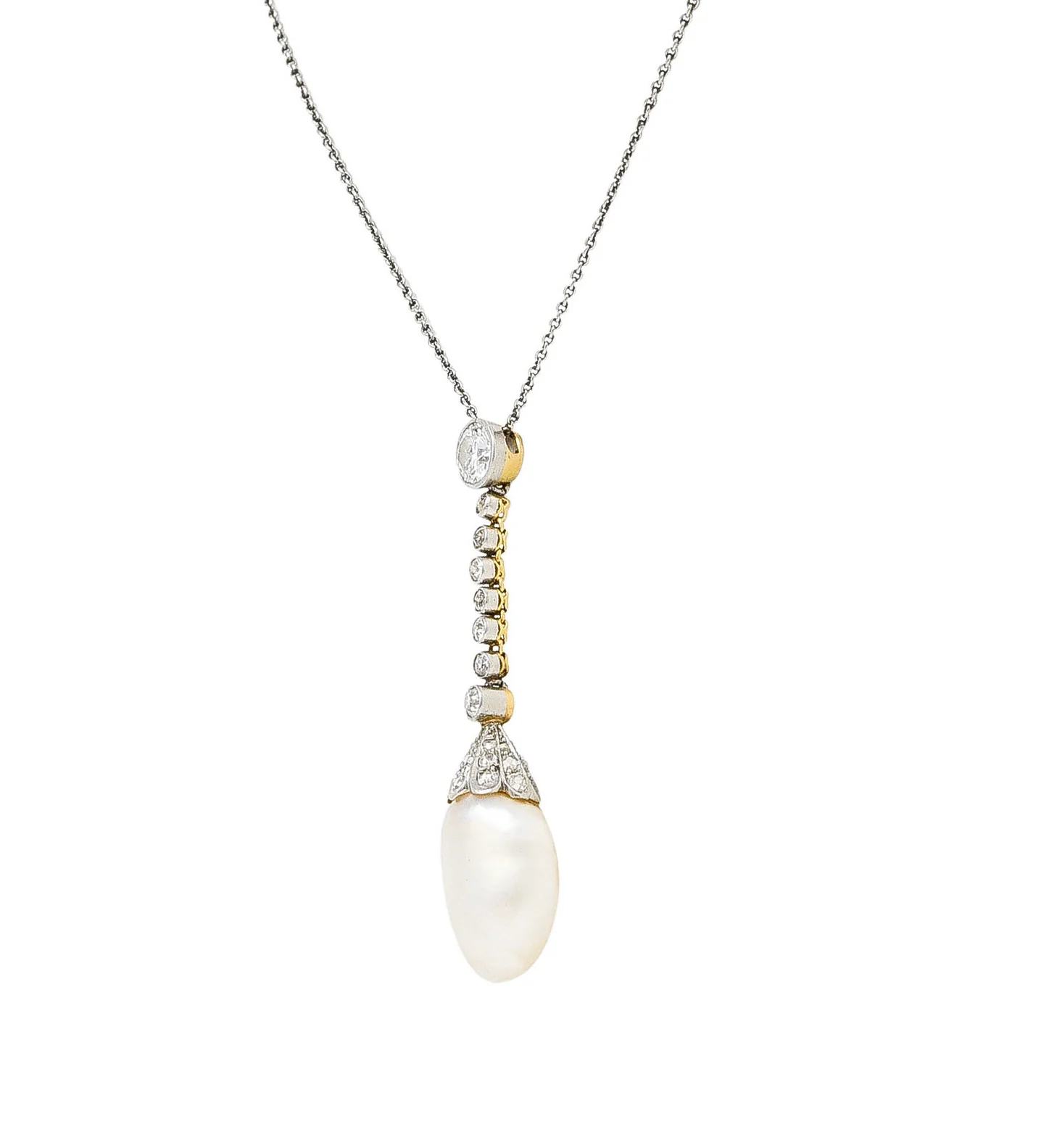 Edwardian Old European Cut Diamond Baroque Pearl Platinum-Topped 18 Karat Yellow Gold Antique Pendant Drop Necklace - Image 3
