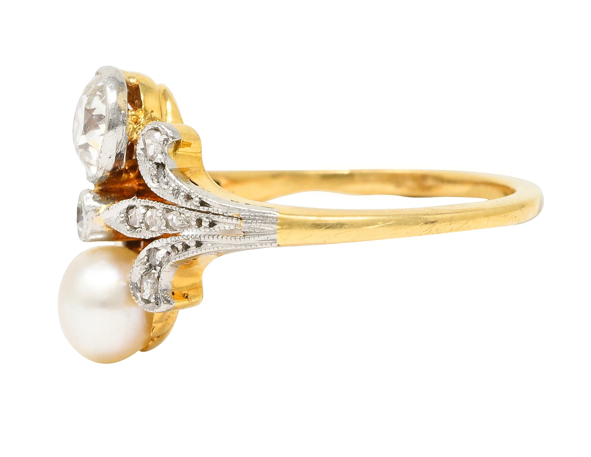 Edwardian Old European Cut Diamond Natural Pearl Platinum-Topped 18 Karat Yellow Gold Fleur-De-Lis Antique Ring - Image 5